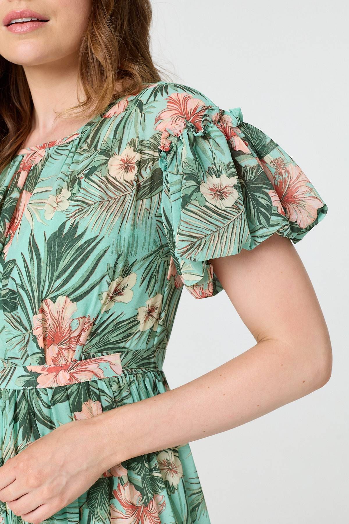 Izabel London Tropical Print Frill Tiered Midi Dress