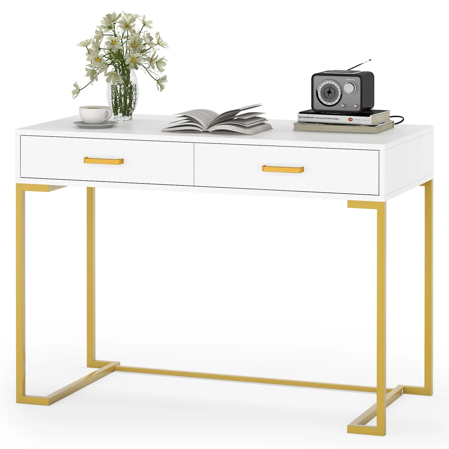 Modern Computer Desk with 2 Drawers, 39.4 Modern Simple White and Gold Writing Desk with Storage Drawers