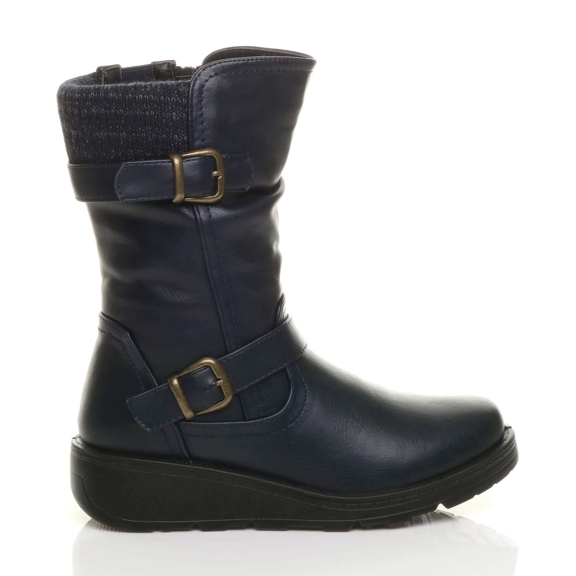 AJVANI Low Wedge Heel Comfort Calf Biker Boots