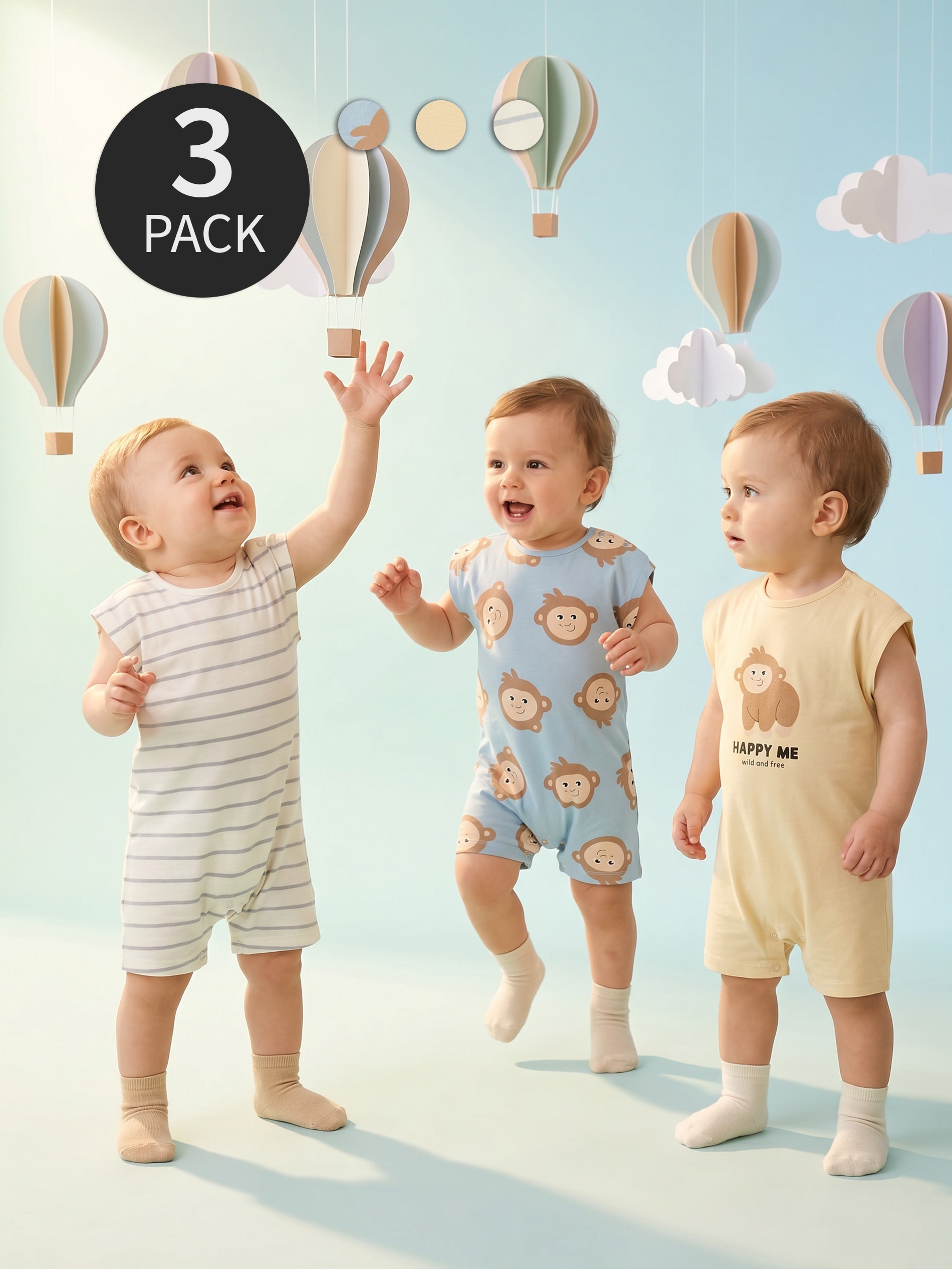 Bawełniane rampersy z motywem małpki 3 pack
