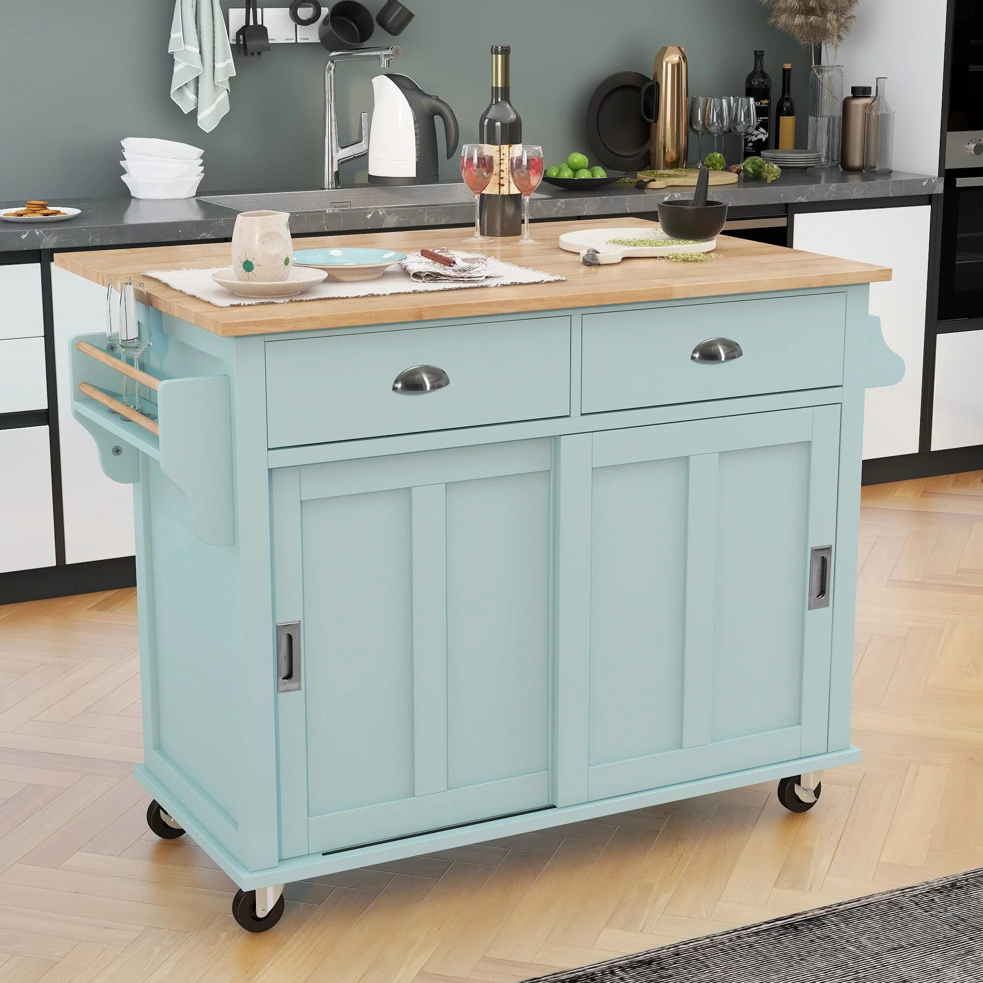 Wood Folding Kitchen Island on Wheels with Adjustable Shelf Storage Cabinet and 2 Drawers, Concealed Sliding Barn Door