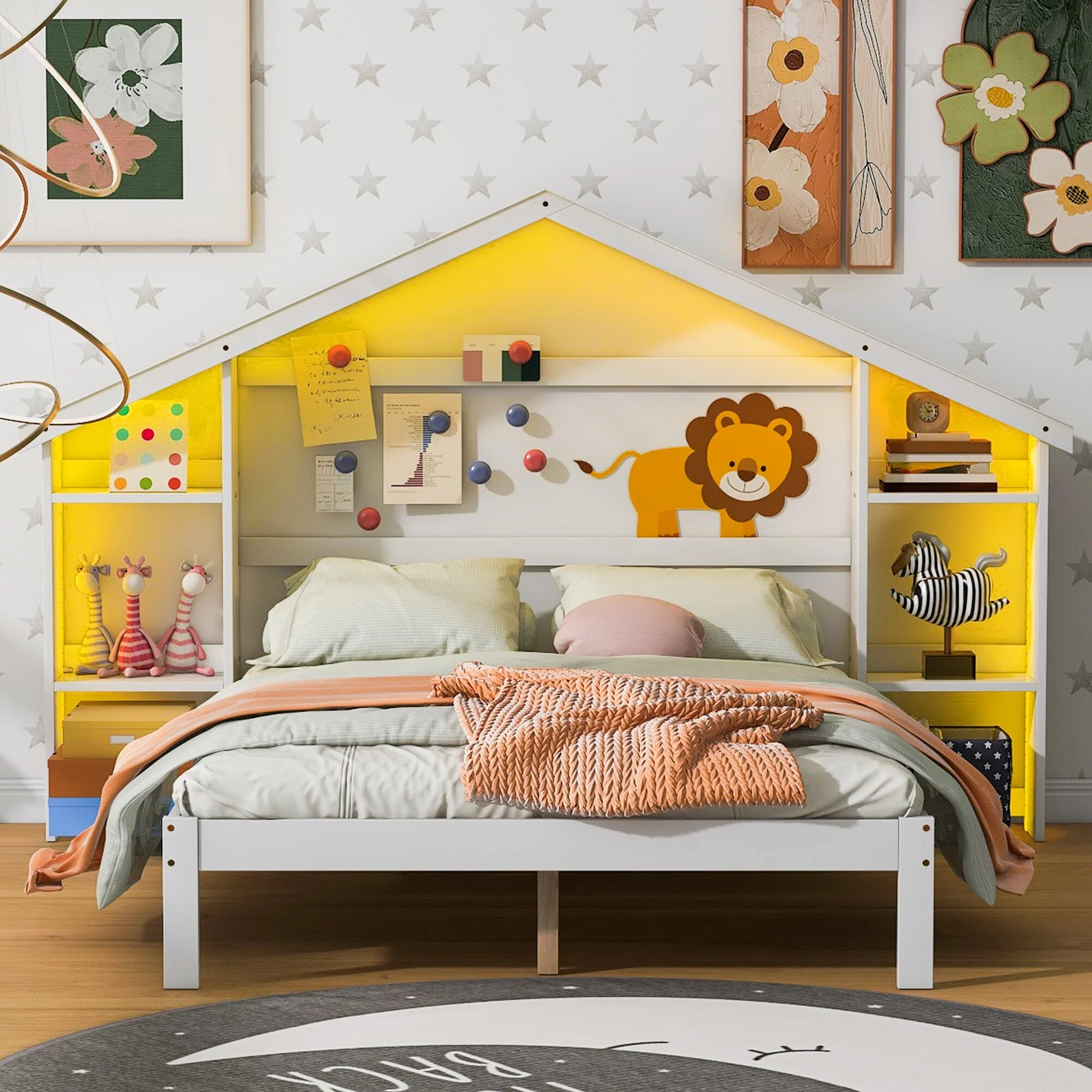 Wood Platform Bed with House Storage Headboard