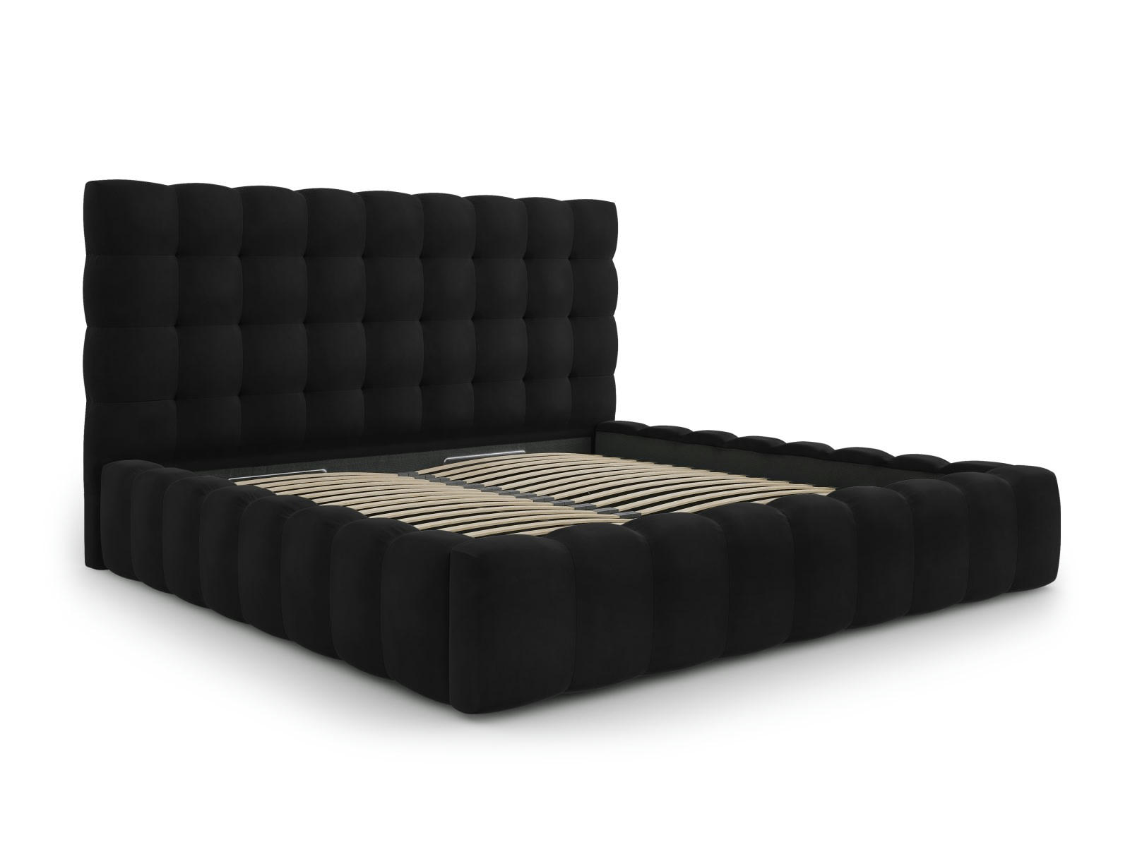 MAMAIA - Lit coffre en avec tête de lit 200x200cm en tissu velours noir