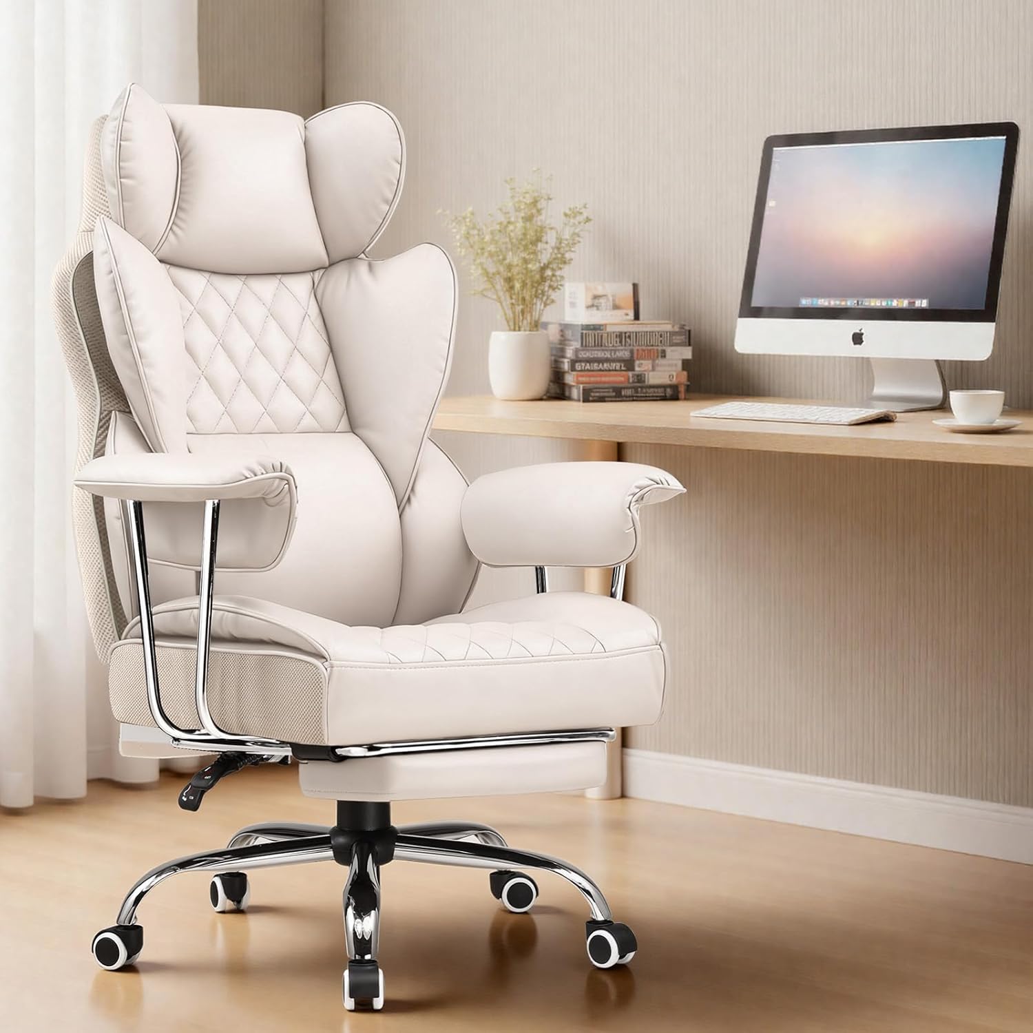 COMHOMA Big and Tall Office Chair, High Back Leather Gaming Chair with Footrest, Executive Ergonomic Office Chairs with Pocket Spring Lumbar Support and with Outward Fixed Soft Armrests