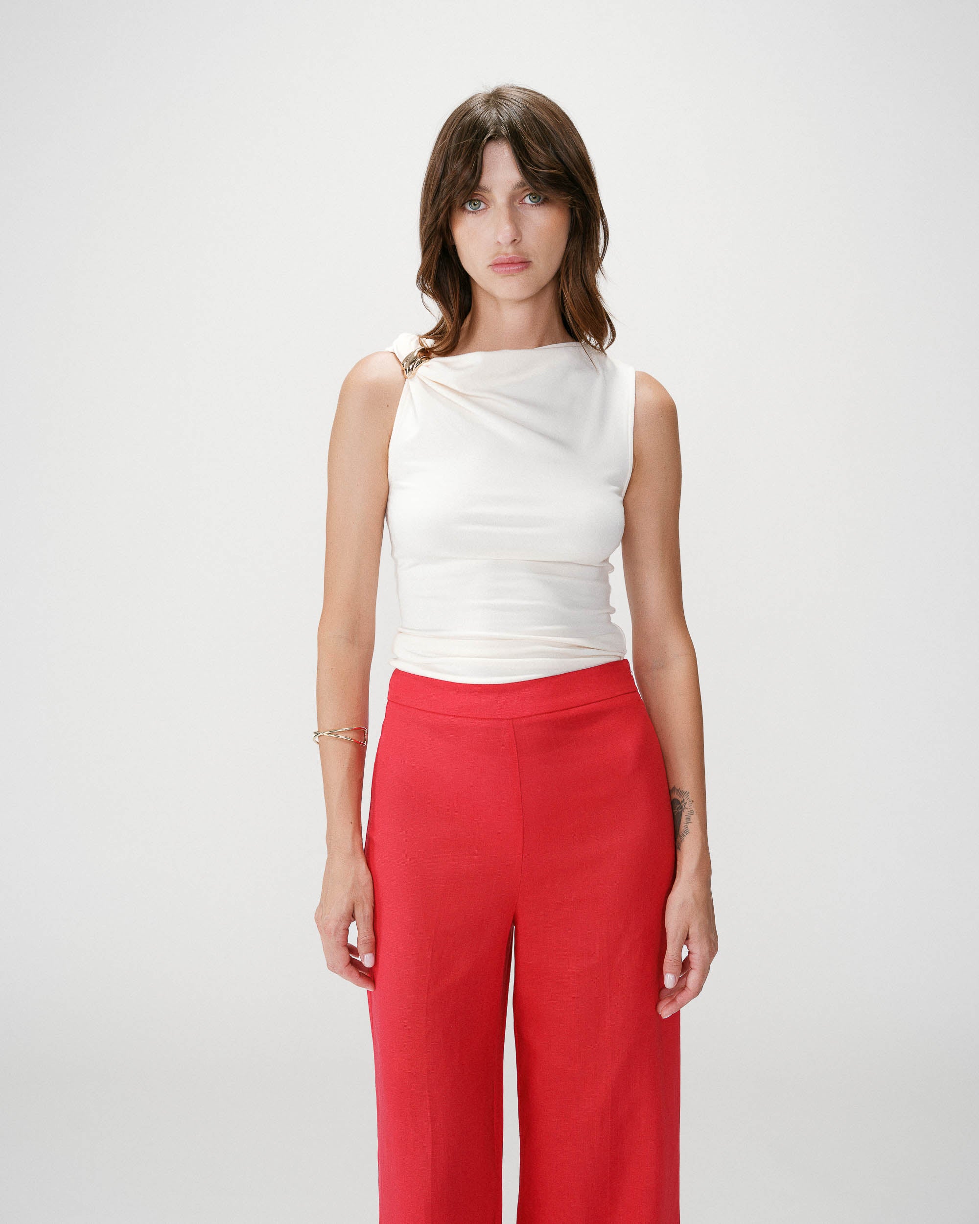 Pantalon taille haute jambes larges en lin rouge Wesley