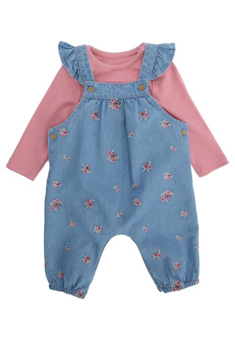 Baby Girl Blue Floral Dungarees & Pink Top Set