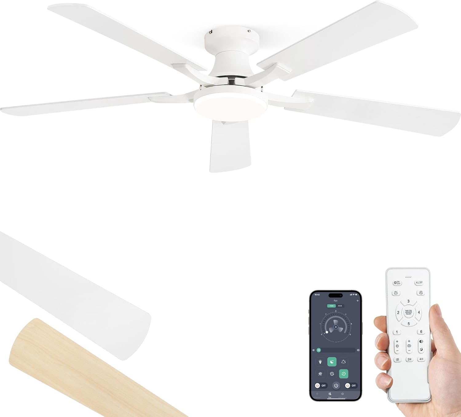 ZMISHIBO 52 Inch Ceiling Fan with Light, App&Remote Control, Flush Mount Low Profile, Dimmable 20W LED Light, Quiet Reversible Motor for Bedroom, Living Room, Apartment, White