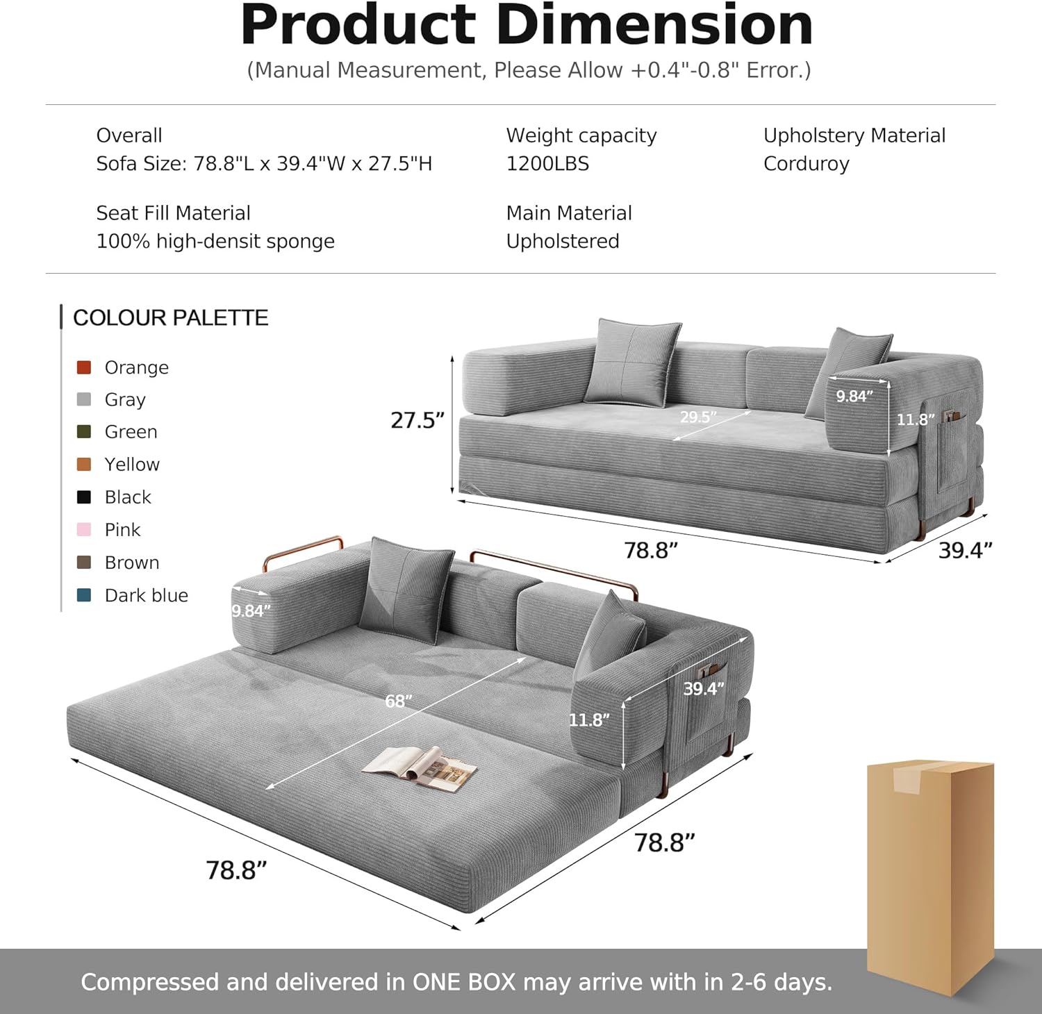 MoonSpeak 78.8''Sleeper Couch Bed for Livingroom,Convertible Modular Sofa with Armrest Pillow,Modular Foldable Corduroy Couches in a Box,No Assembly (Gray)