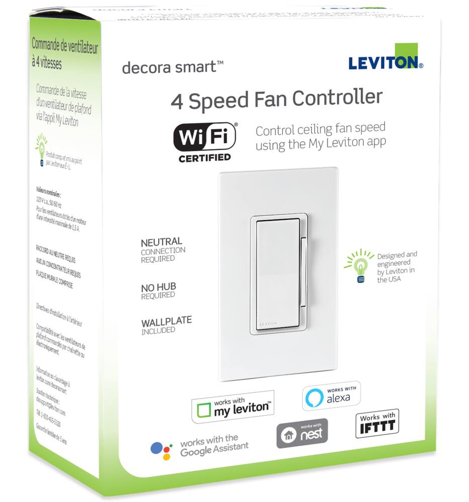 Leviton DW4SF-742 Decora Smart 4 Speed Fan Controller, White