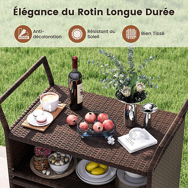 Desserte Exterieur Plancha à 3 Niveaux, en Rotin avec roulettes, étagères , Poignées Latérales, Jardin, Porche, 86 x 50 x 89 cm