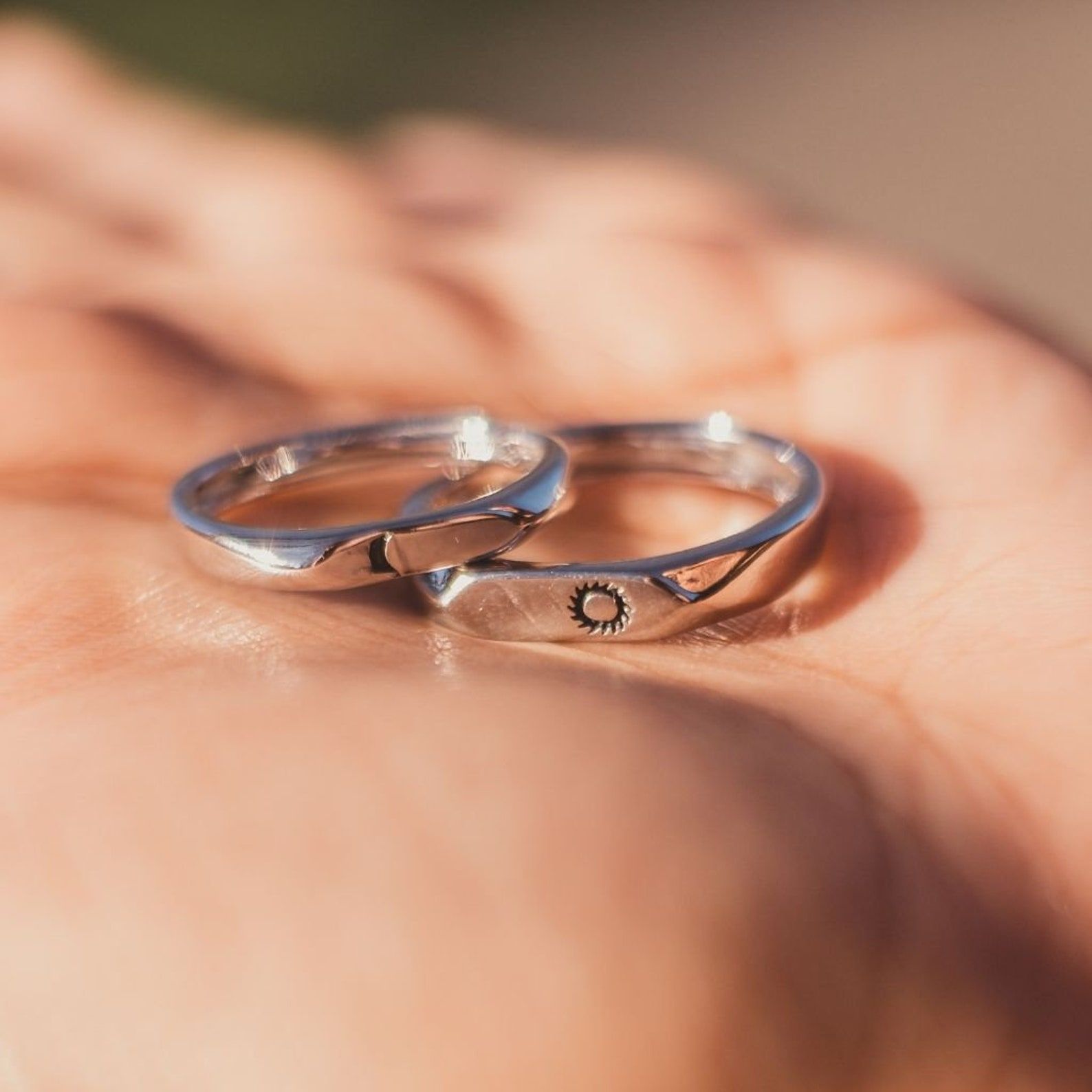 The Colourful Aura Flat Top Moon and Sun Promise Couple Matching Ring Set