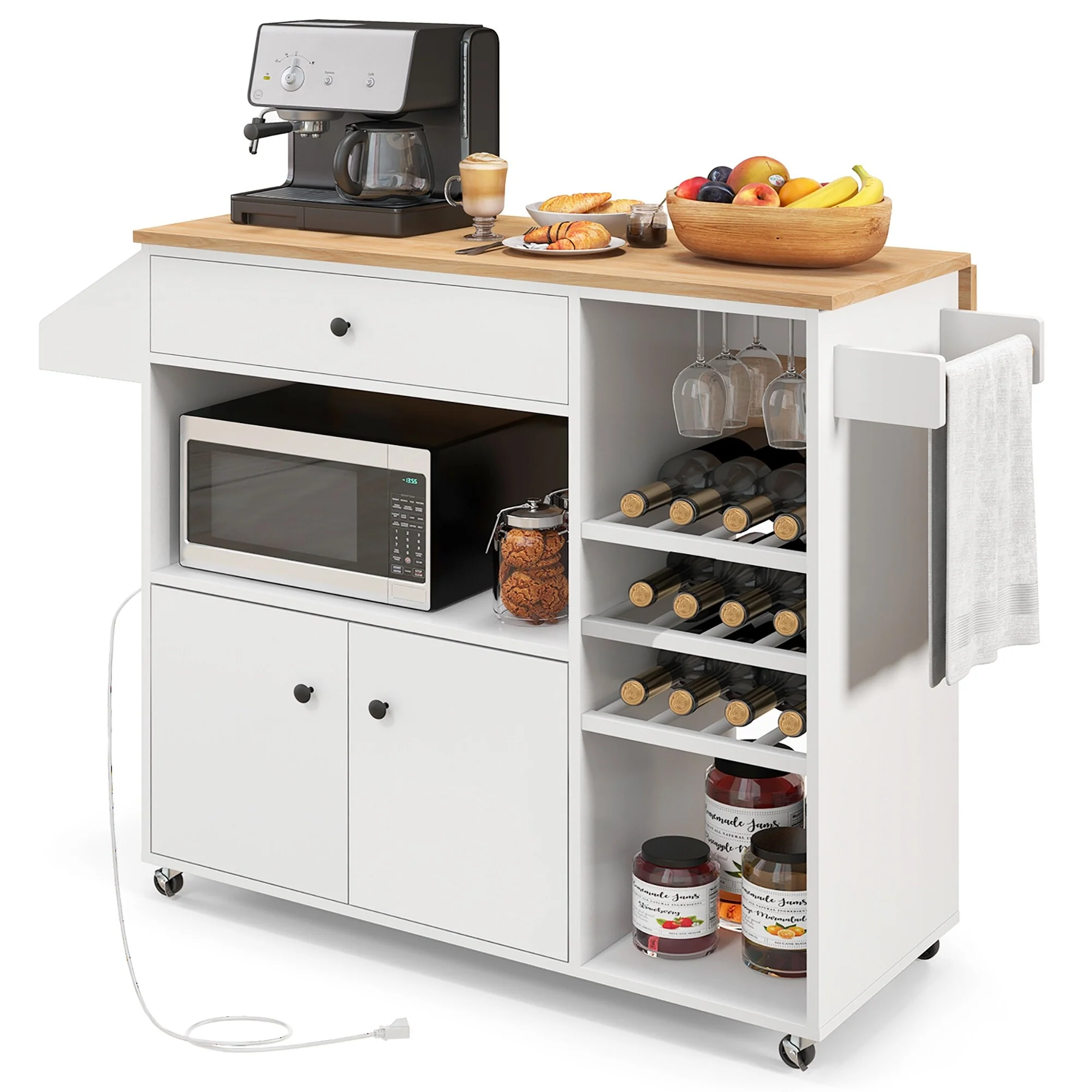 Gymax Kitchen Island Cart w/ Drop-Leaf & Power Outlet Microwave Shelf