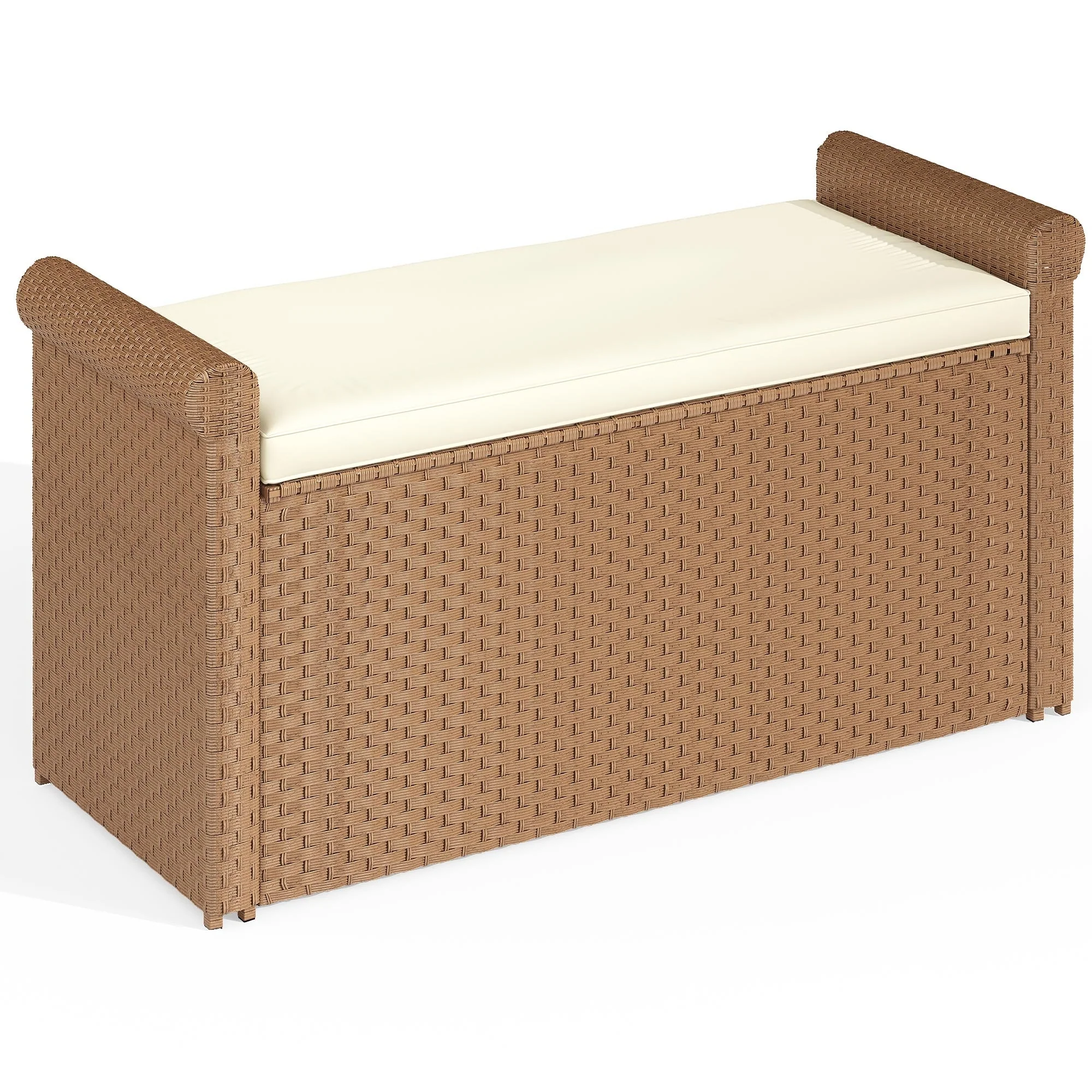 Moasis 90 Gallon Outdoor Wicker Storage Bench with Cushion PE Rattan Deck Box Bench