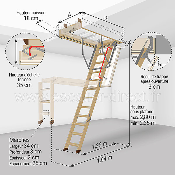 Echelle escamotable bois - Trémie de 70 x 120cm - Hauteur de 2.35 à 2.80m - LTK70120-2
