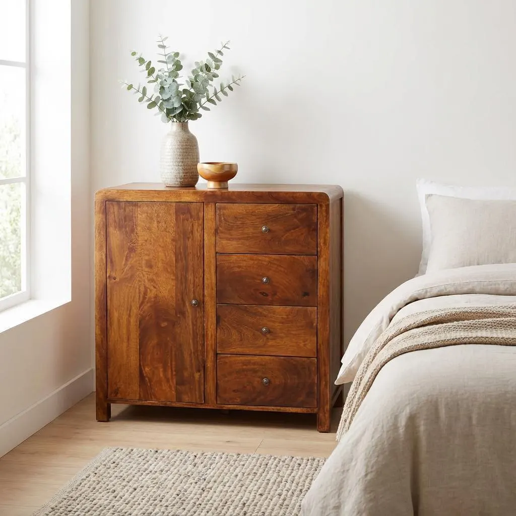 Solid Mango Wood Cabinet - Chestnut Sideboard with Drawers and Cupboard | US Stock