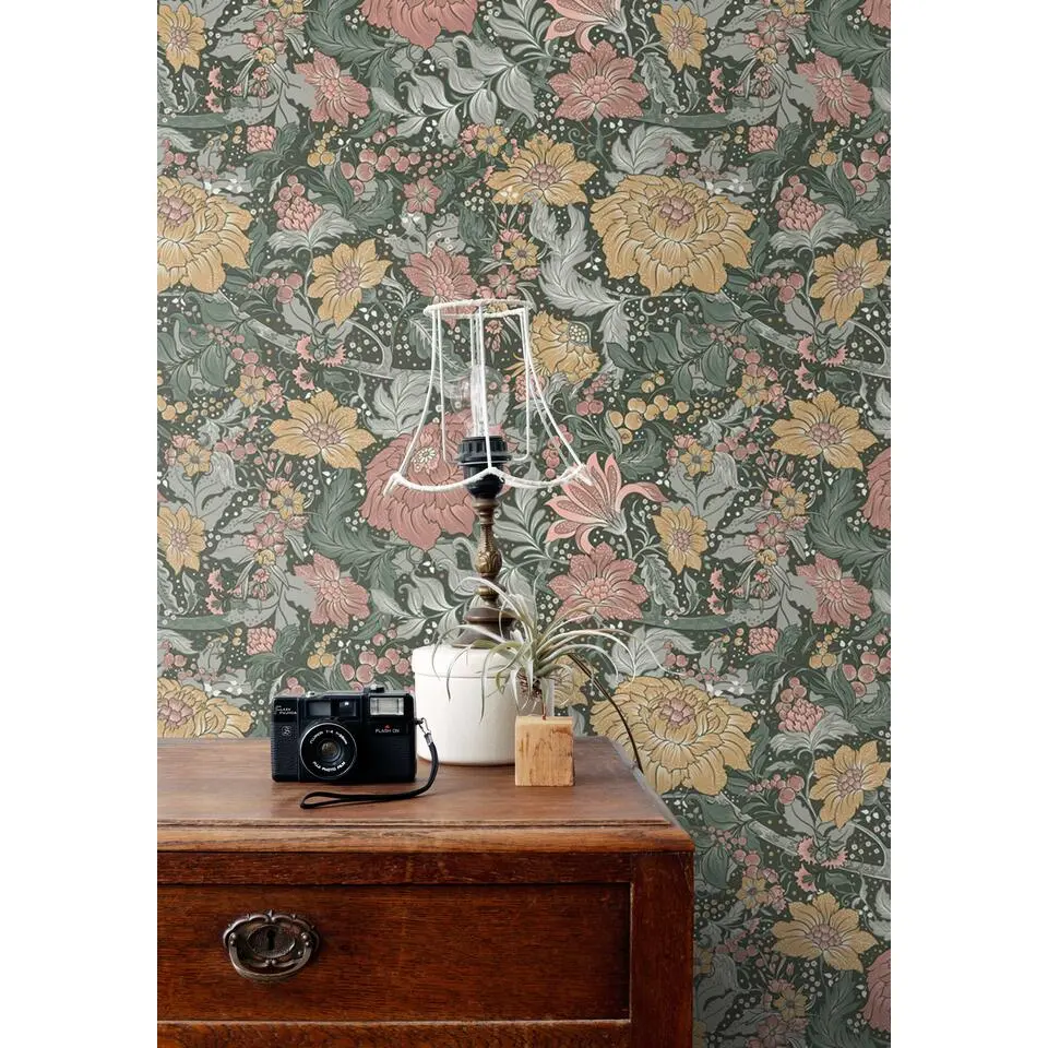 ESTAhome behang vintage bloemen blauwgroen, oudroze en okergeel - 50 x 900 cm