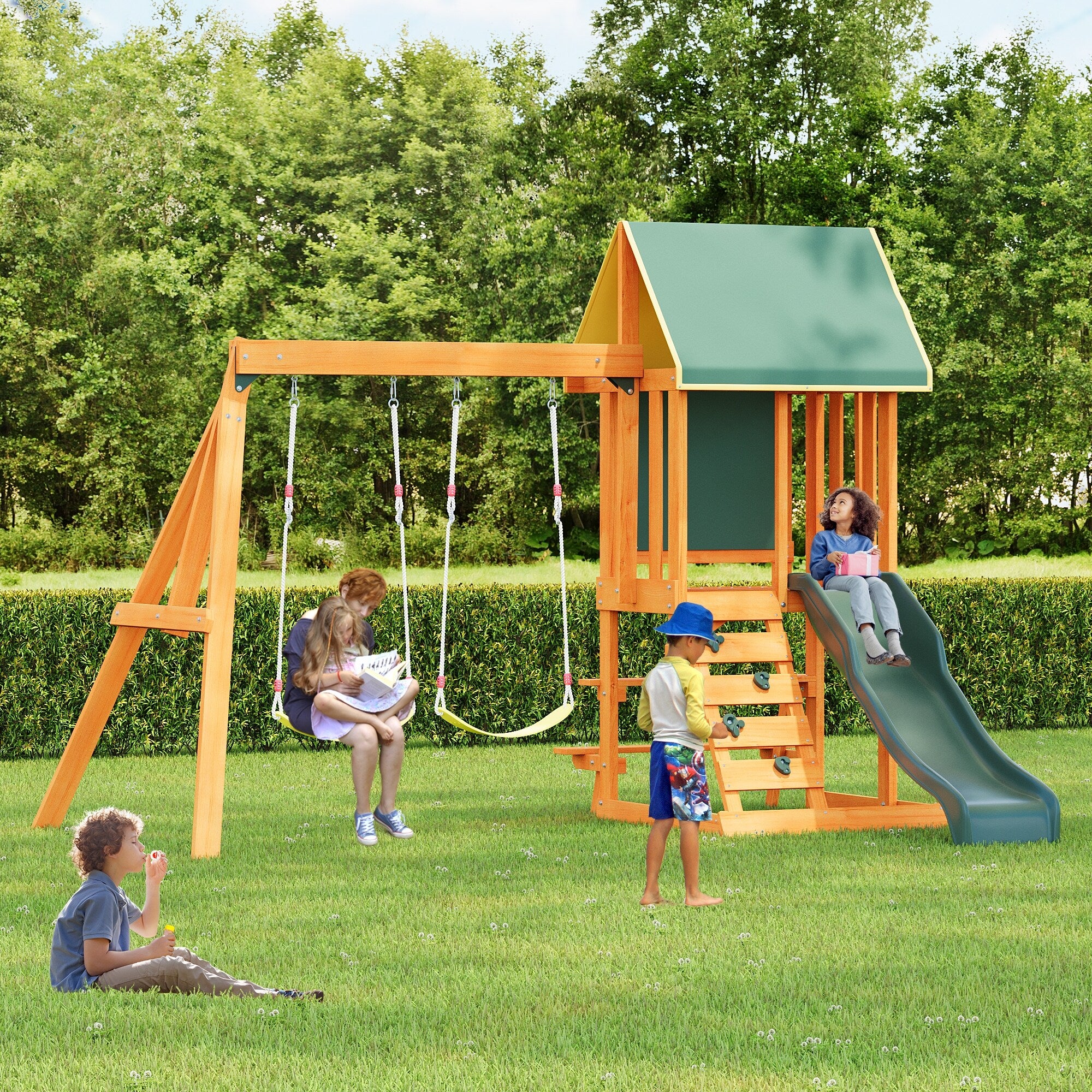 Outdoor 3 in 1 Wood Swing Set with Slide, 2 Swings and Climber