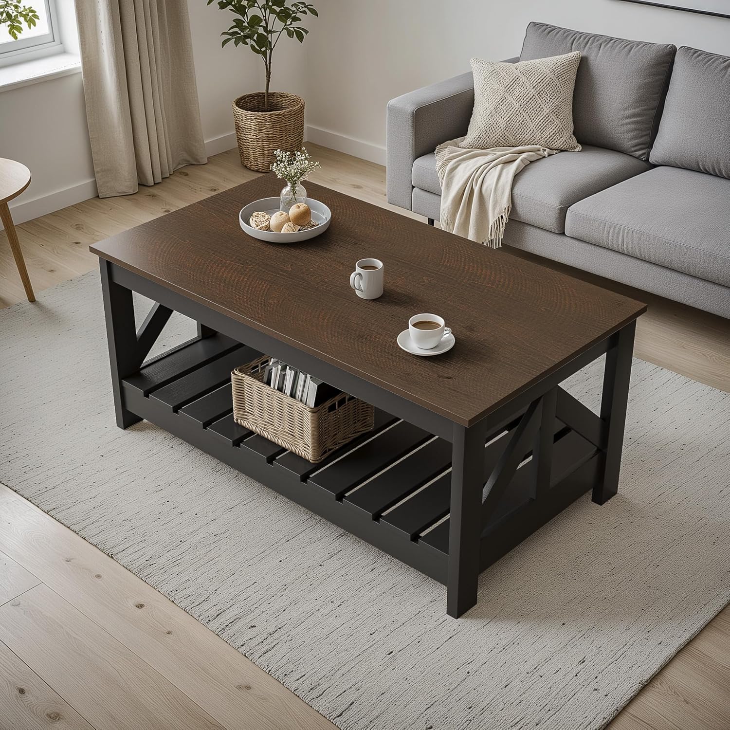 YESHOMY Farmhouse Coffee Table, Coffee Tables for Living Room, Farmhouse Square Coffee Table with Storage, Couch Table, Small Tables for Small Spaces, Brown and Black
