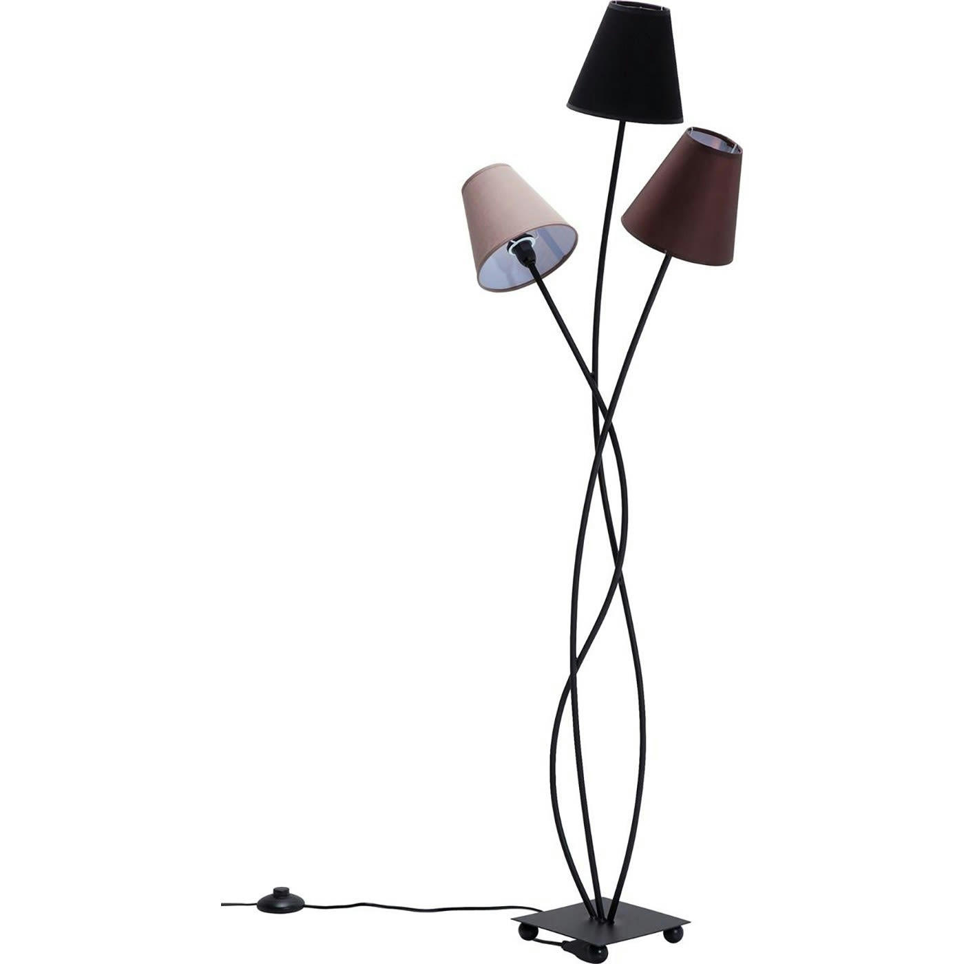 FLEXIBLE - Lampadaire en acier noir 3 abat-jours en coton marron H130