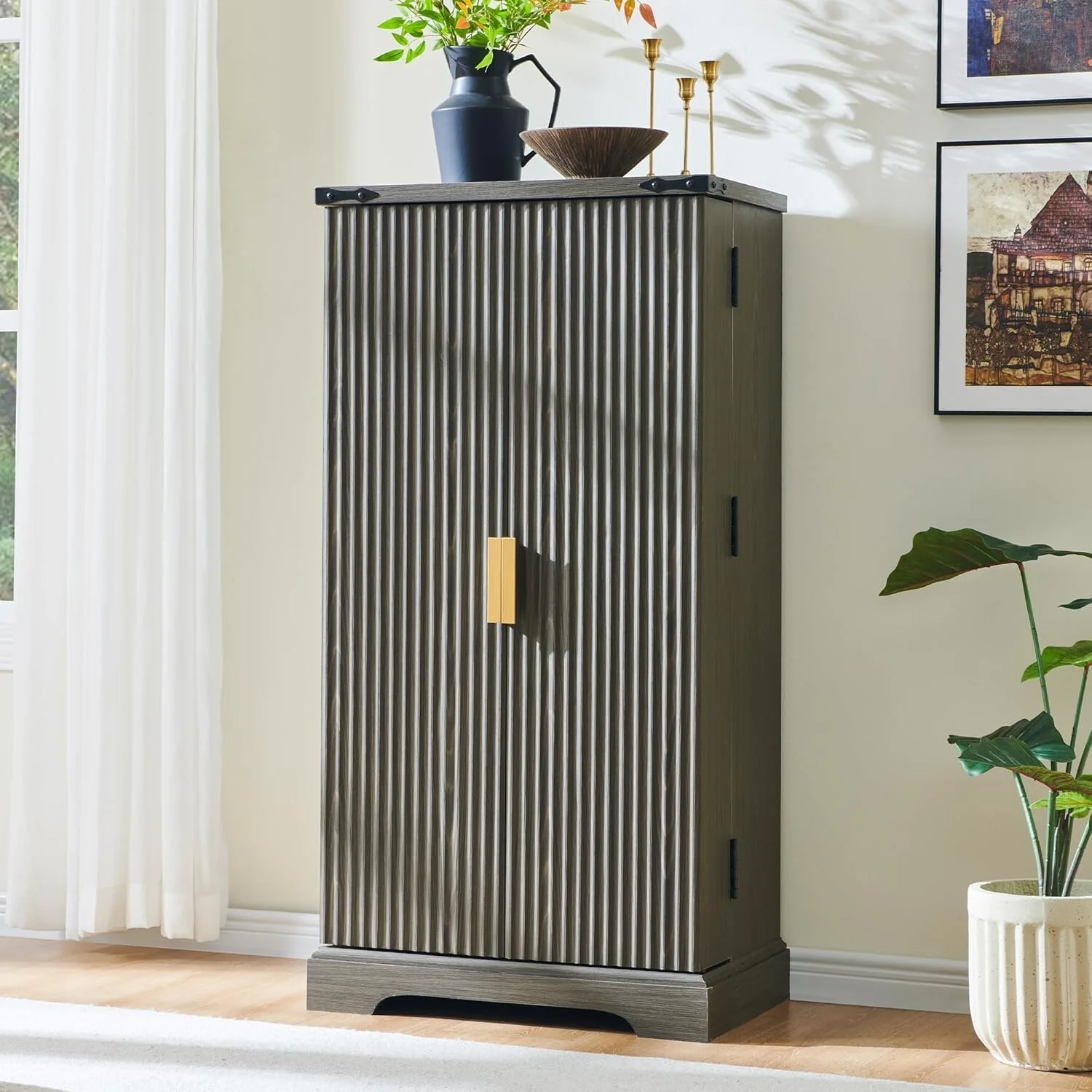 Modern Fluted Pantry Cabinet, Storage Cabinet, Wood Cupboard Organizer