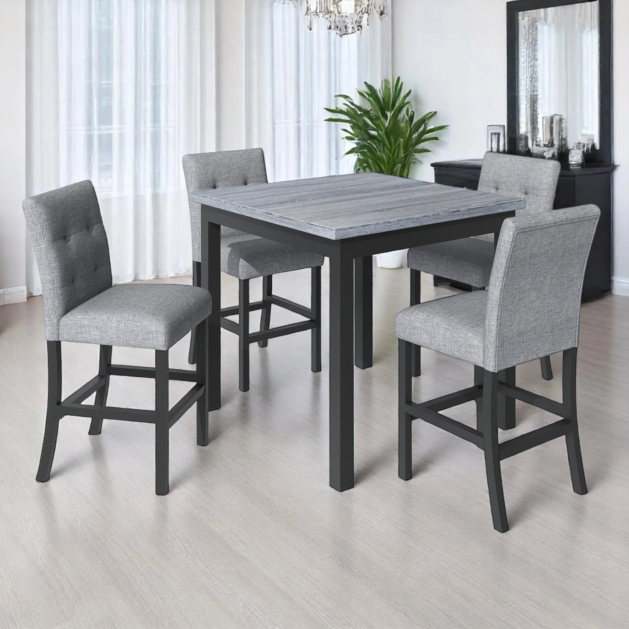 5-Piece Counter Height Dining Set, Square Rubberwood Table and 4 Upholstered High-Back Chairs for Kitchen or Dining Room