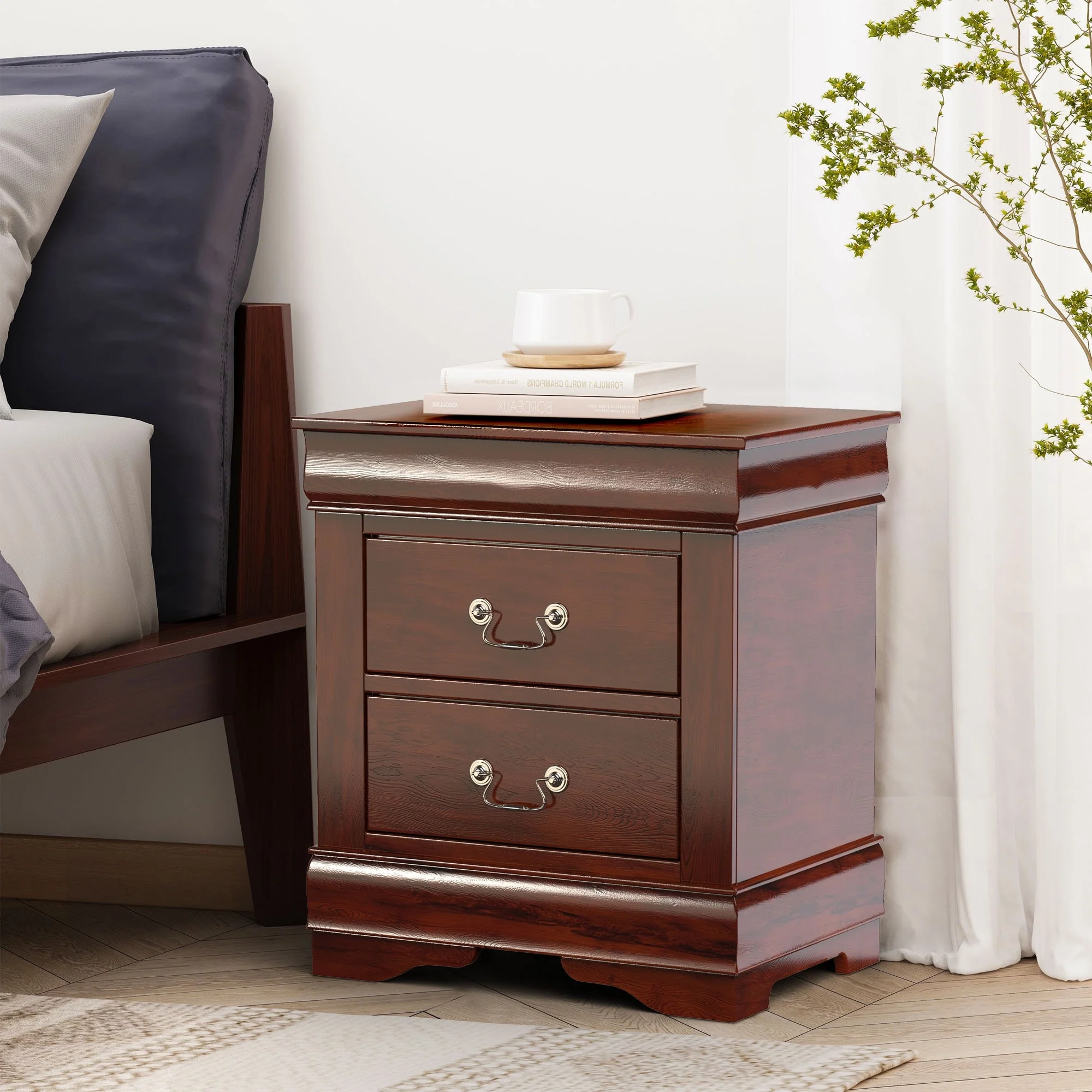 Modern Dark Cherry Solid Wood 2-Drawer Nightstand Bed Side Table