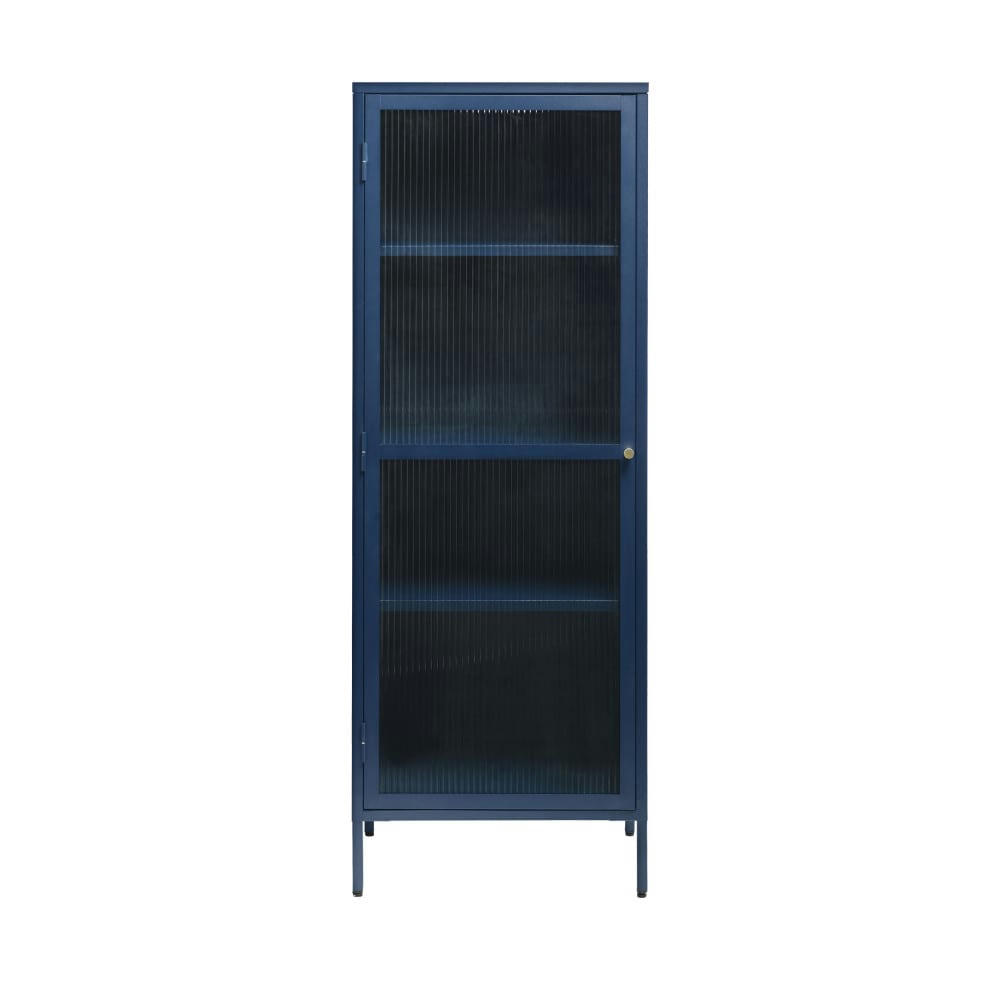 BJORN - Colonne de rangement 1 porte en verre strié et métal H160cm bleu