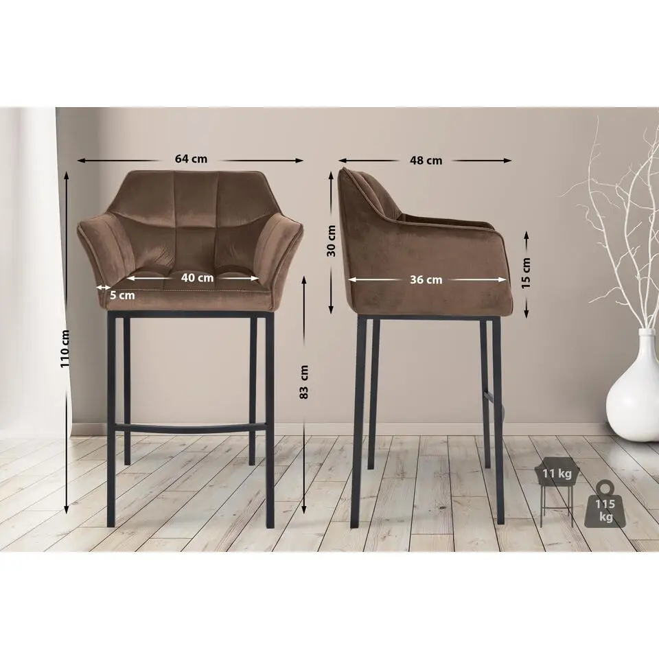 CLP Barkruk Damaso zwart Frame - Fluweel - bruin