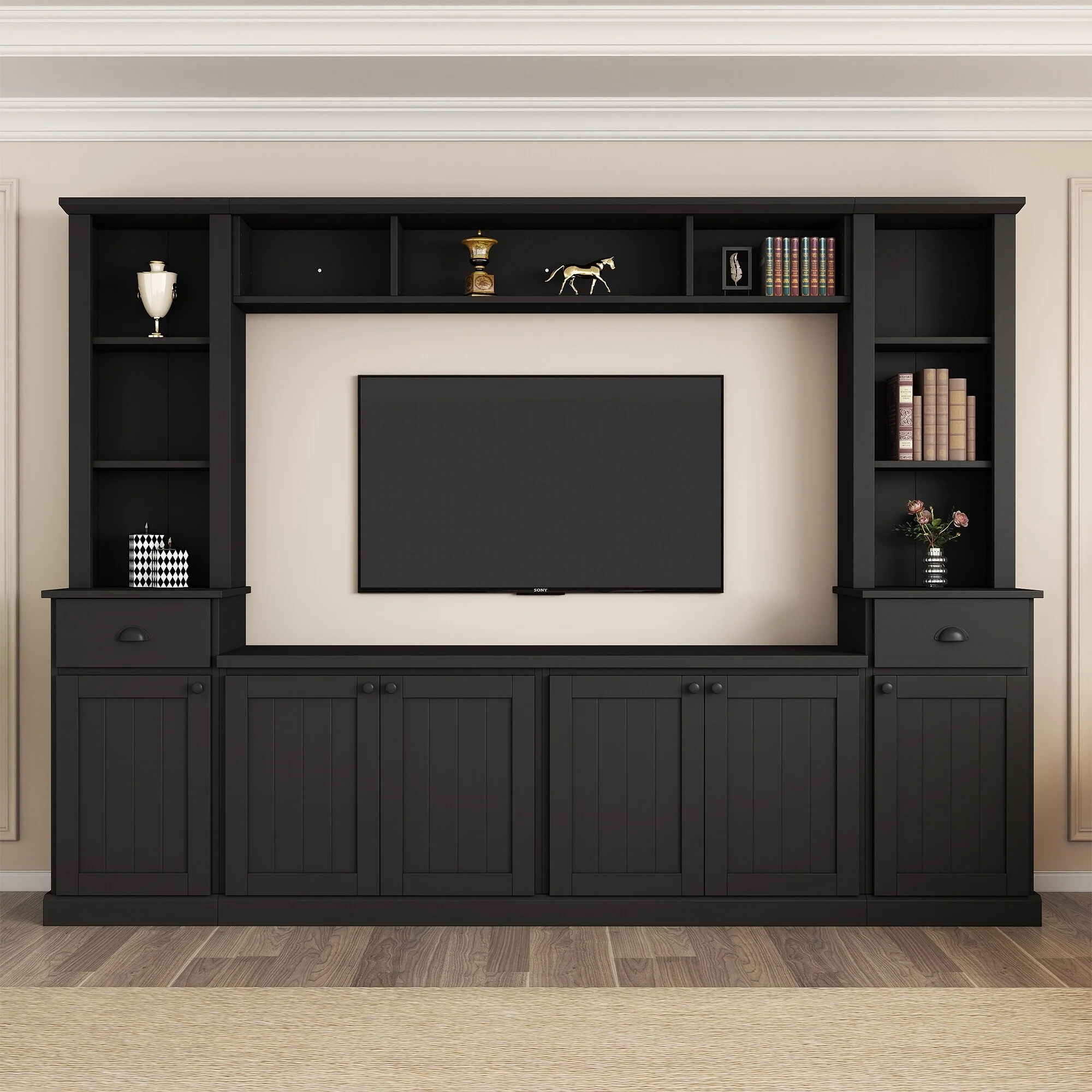 Black 103 Modern Entertainment Wall Unit with Ample Storage for TVs Up to 75