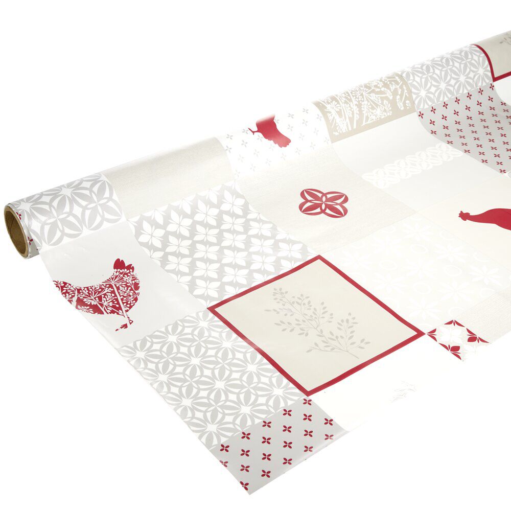 Toile cirée au mètre PVC motif carreau de ciment et poule beige rouge L140cm