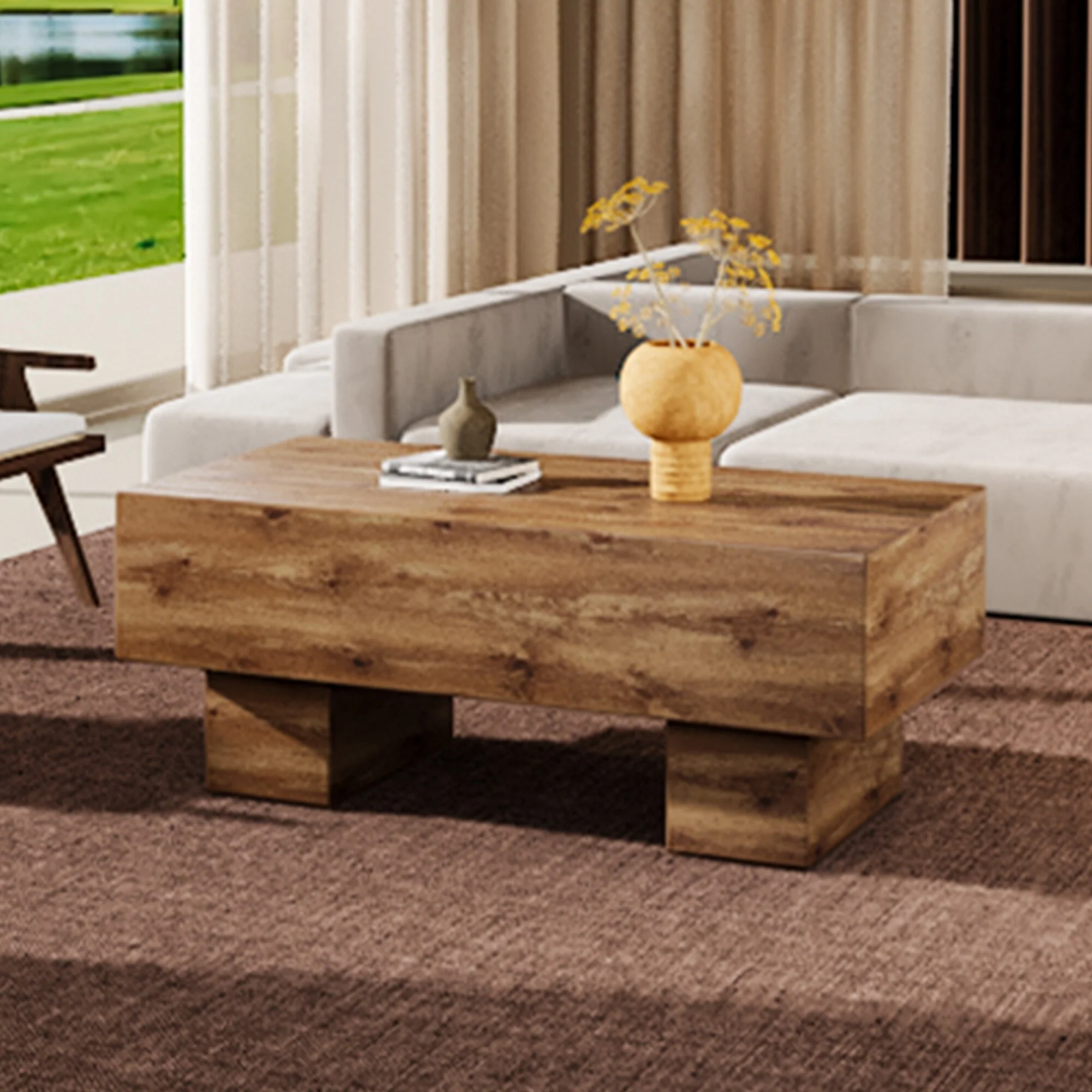 Wood Coffee Table for Living Room, 43.3 Farmhouse Coffee Table with Legs, Rectangular Center Table Cocktail Living Room Table