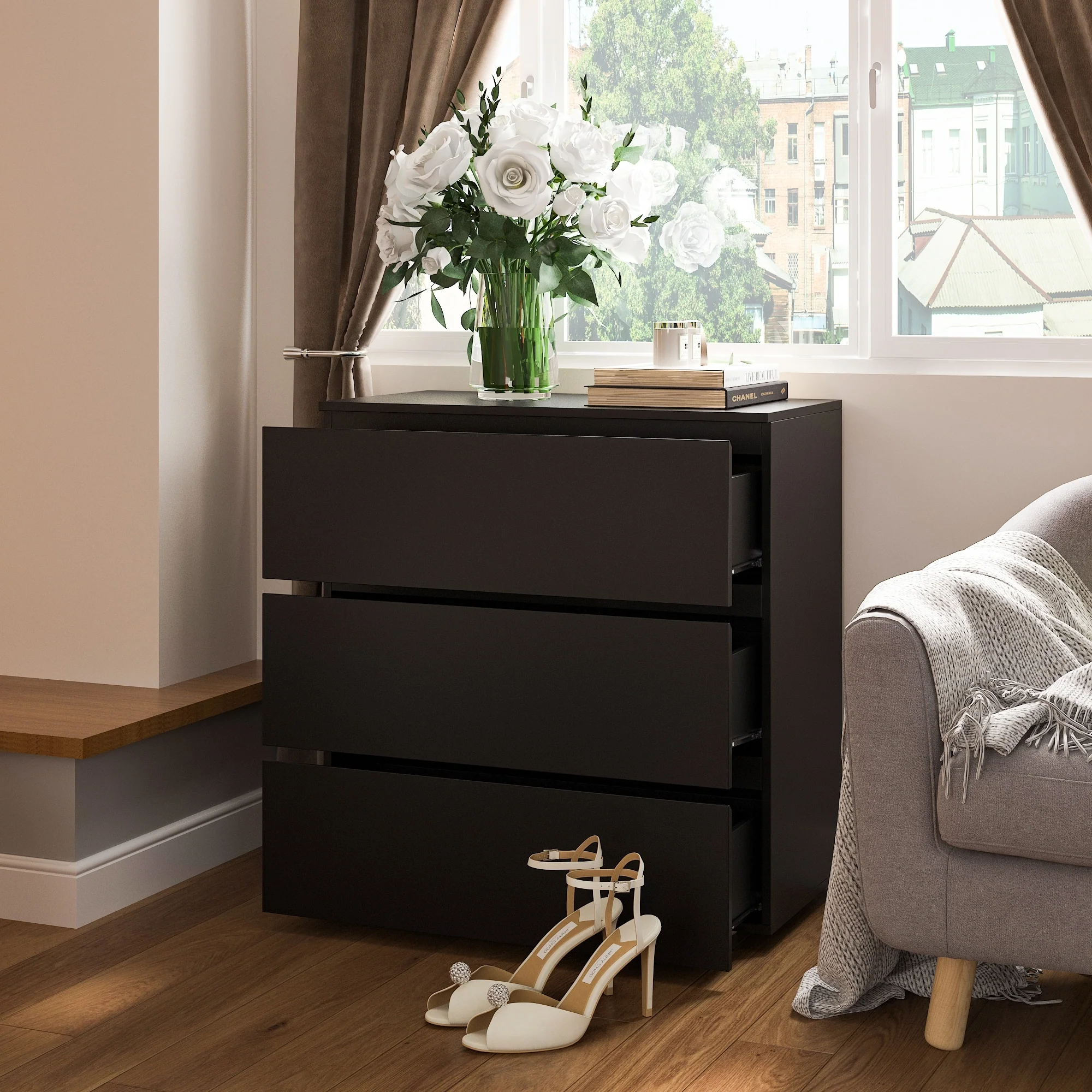 Space-Saving 3 Drawers Storage Chest Dresser in White with Smooth-Glide Drawers