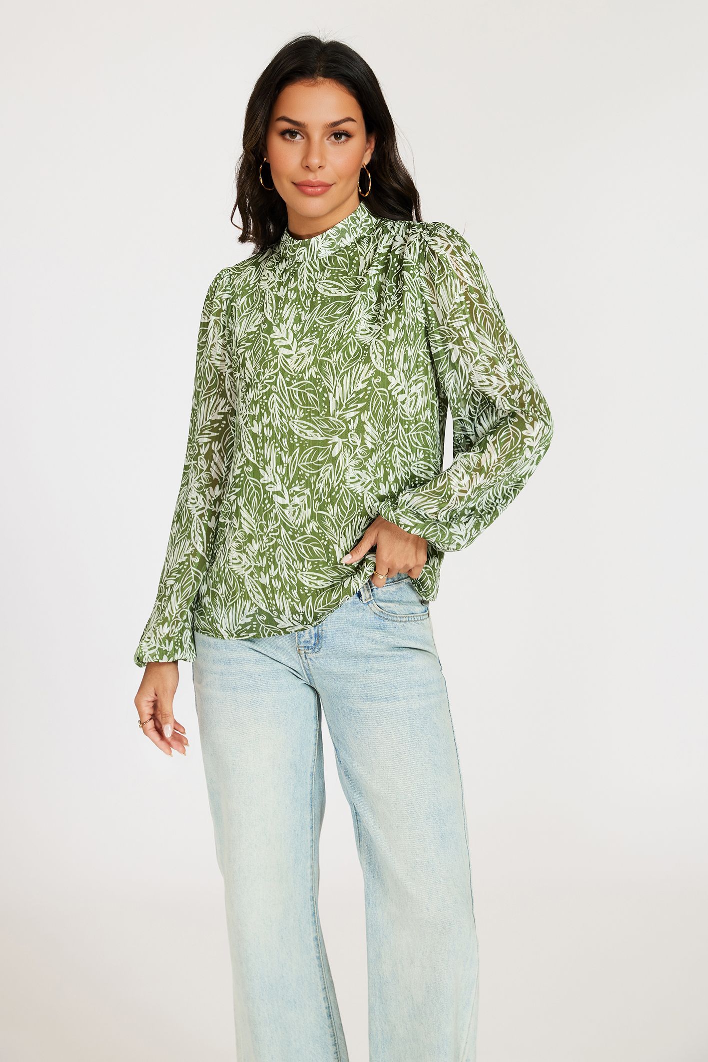 FS Collection Silver Thread Leaf Long Sleeve High Neck Blouse Top