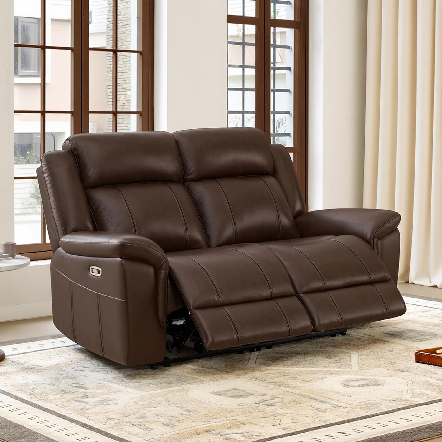 CHITA Genuine Leather Power Recliner Sofa, Wall Hugger Reclining Loveseat with Power Headrest, Charging Ports, Reclining Sectional Couch for Living Room, RV, Dark Brown