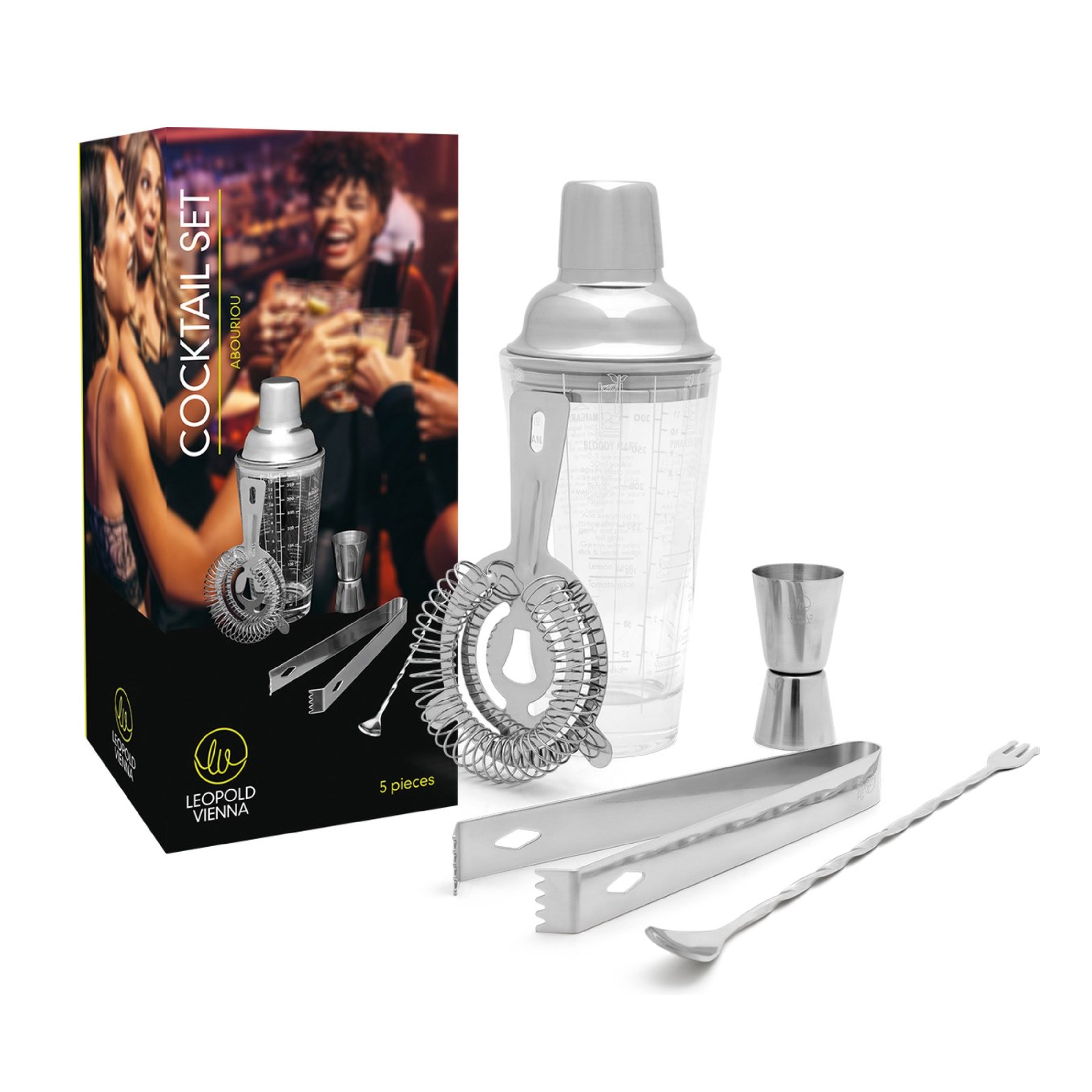 Leopold Vienna - Cocktail set Abouriou 5-delig (cocktail shaker, jigger/pipet, strainer, tang, barlepel) cadeau giftset
