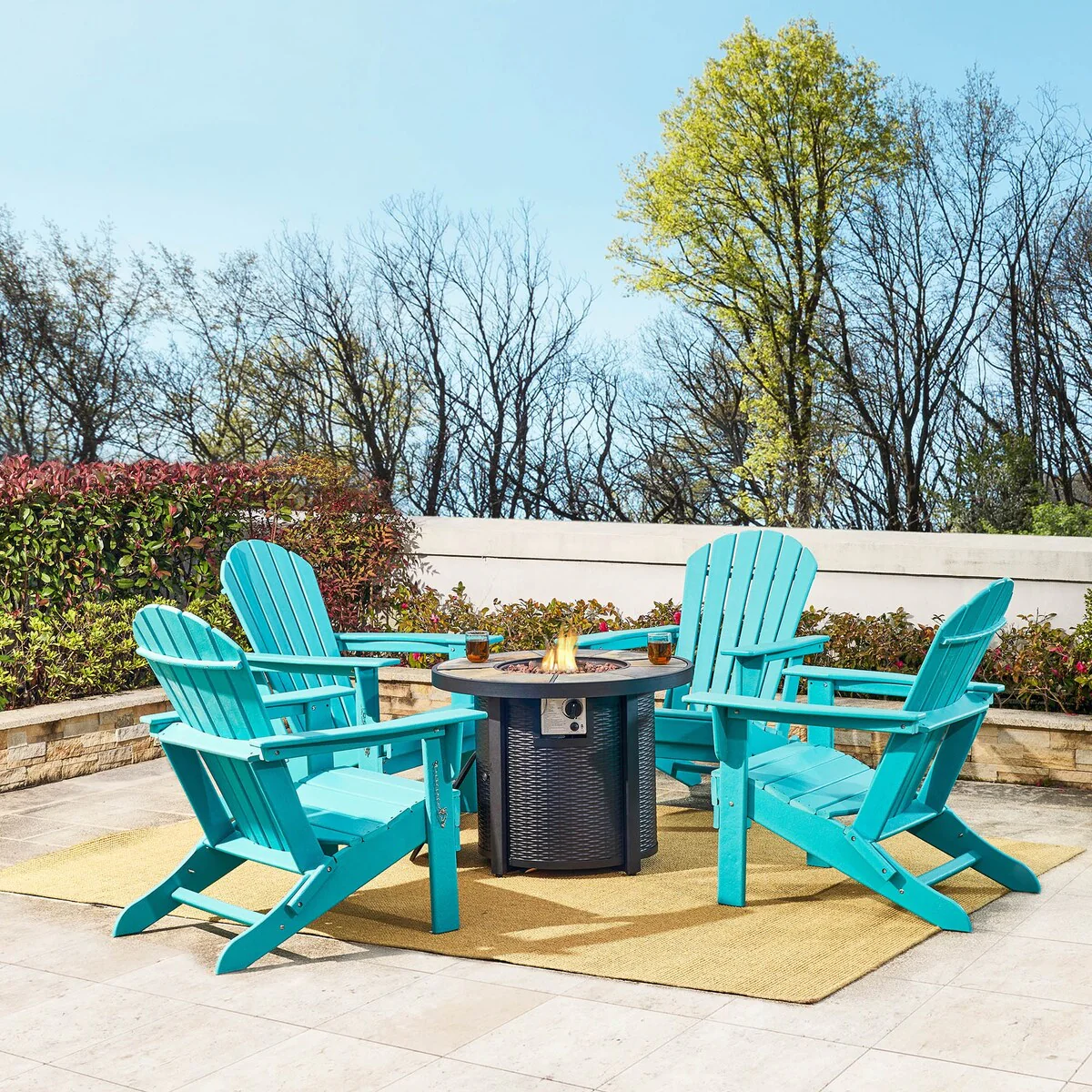 Elm Plus 5 Piece Slates Top 30000 BTU Aluminum Propane Fire Pit HDPE Folding Adirondack Chairs Set