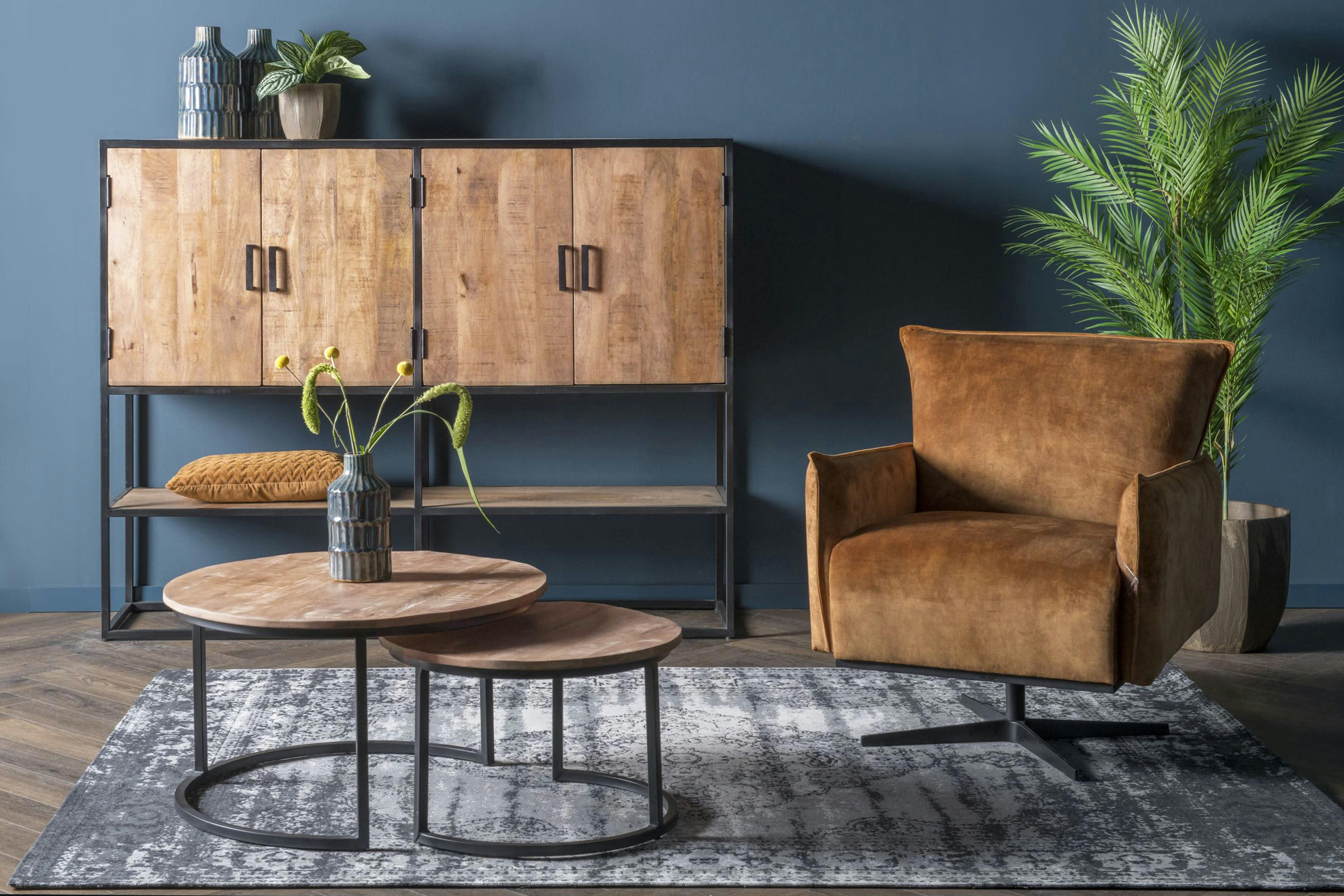 ANGLET - ANGLET-Buffet haut 4 portes L160cm, bois de Manguier massif et métal