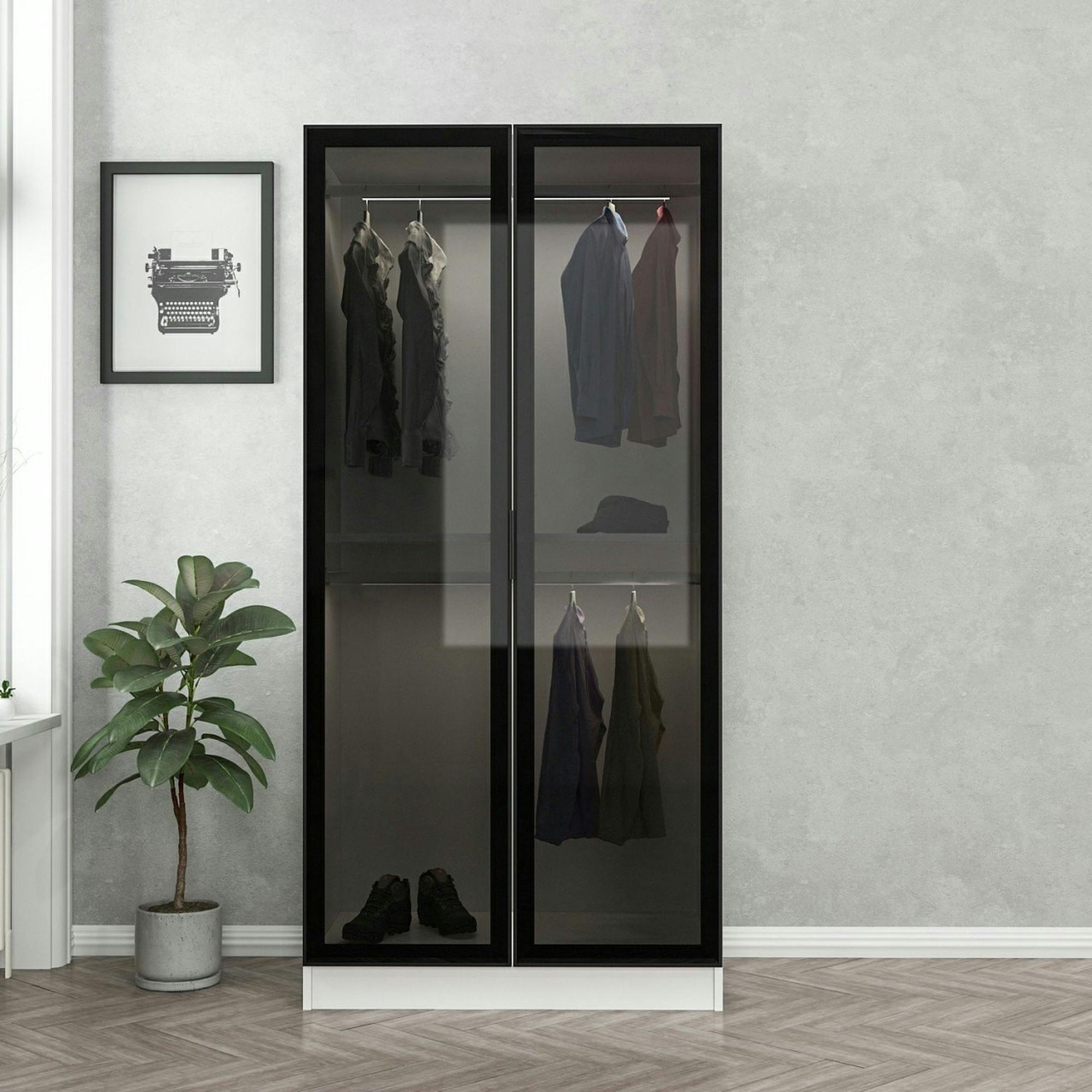 Armoire penderie blanche - 2 portes vitrées H. 210 cm BYRON