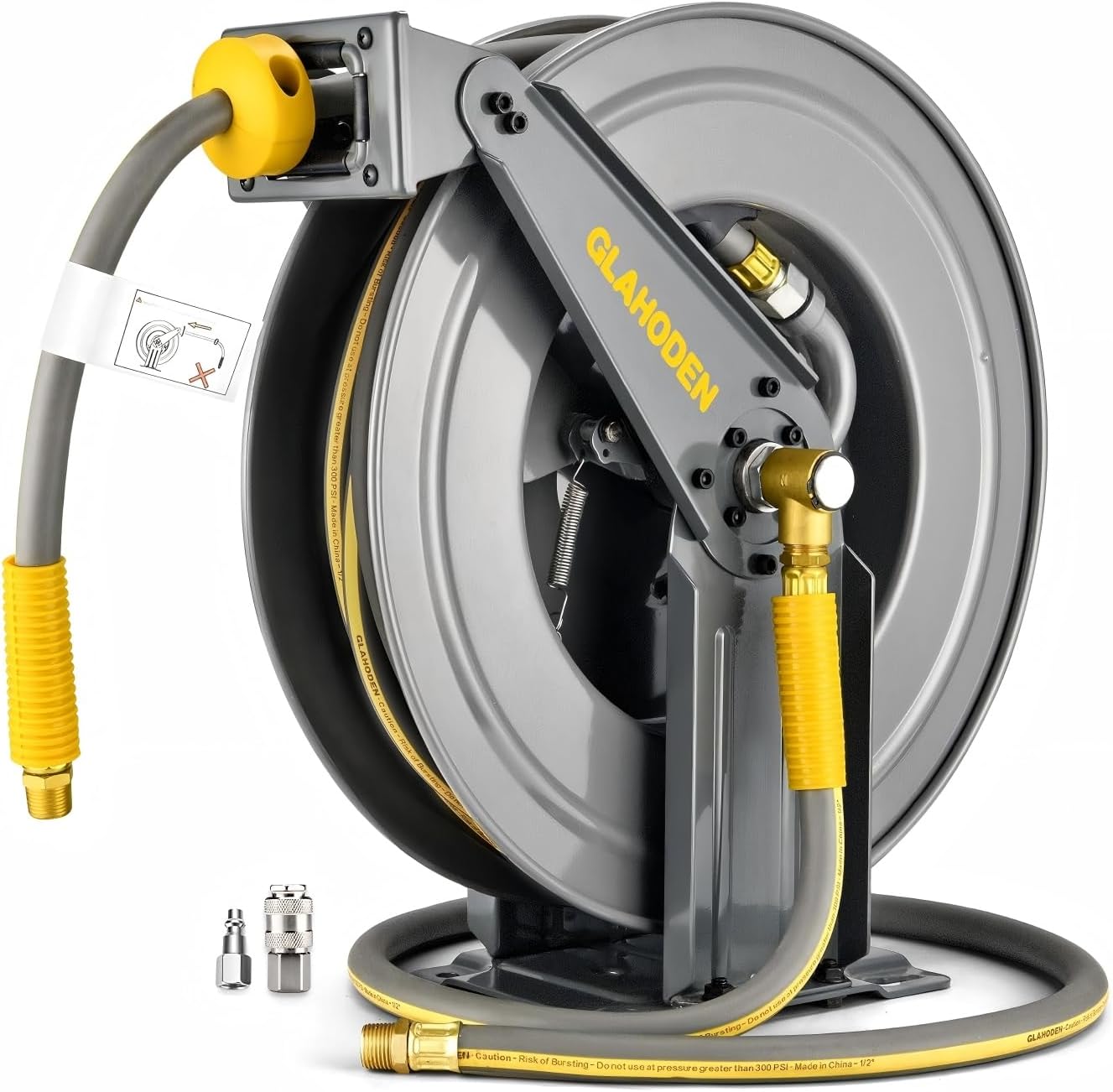 GLAHODEN Double Arm Retractable Air Hose Reel, 3/8 in × 65 ft Hybrid Hose Heavy Duty Steel Professional Air Compressor Hose Reel with 5 ft Lead in Max 300PSI Auto Rewind Quick Coupler Swivel Fitting