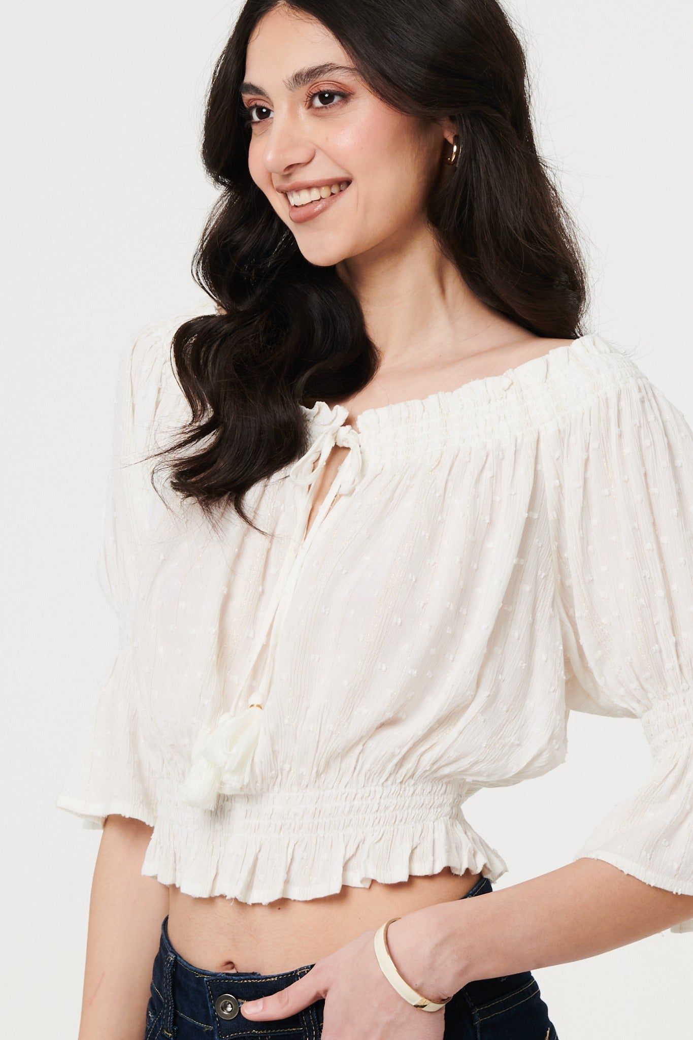 Izabel London Textured Bardot Ruched Crop Top