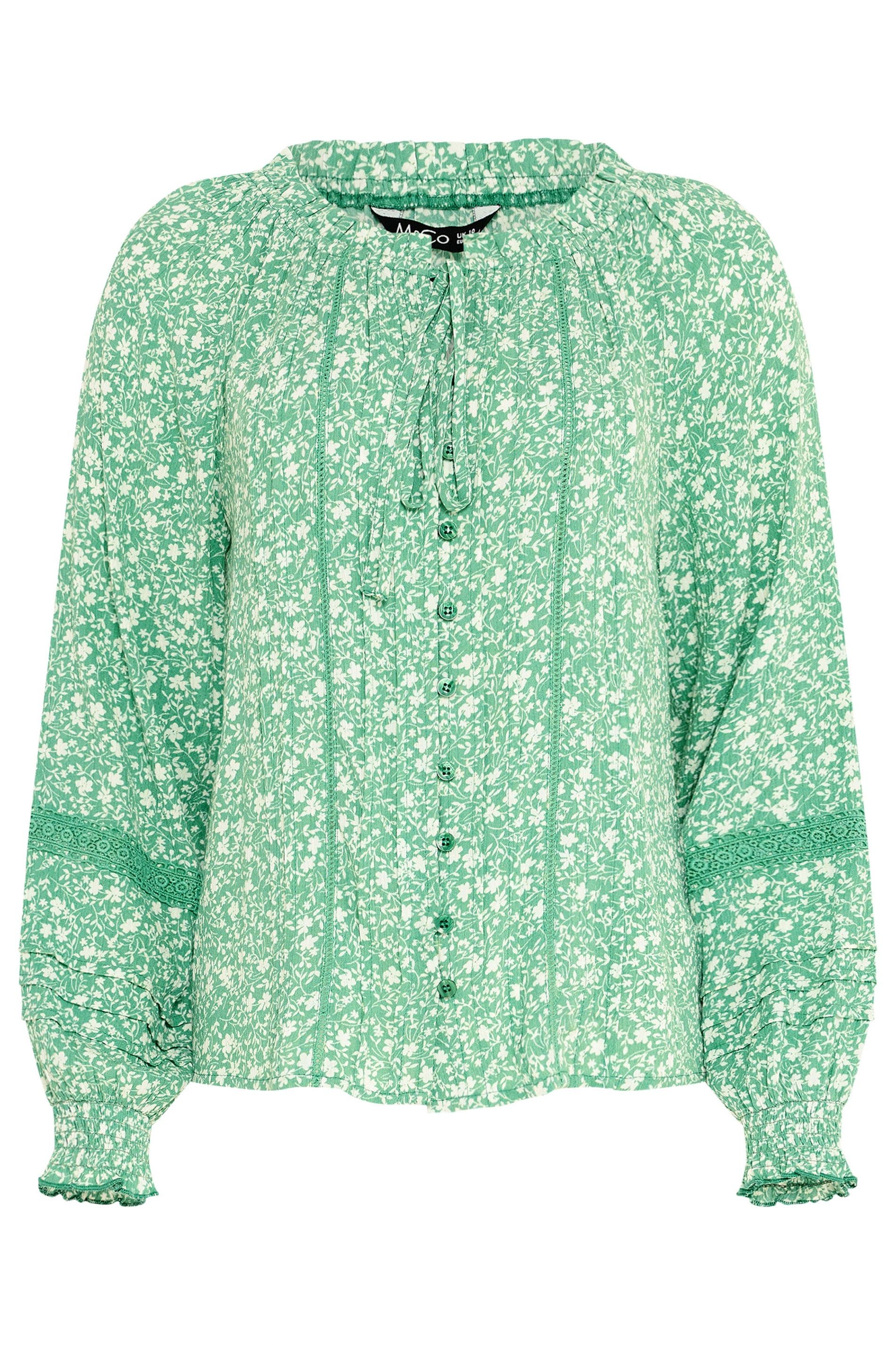 M&Co Printed Trim Detail Tie Neck Blouse