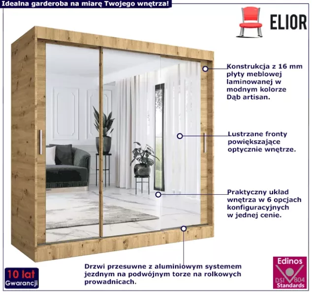 Szafa przesuwna z lustrem dąb artisan 200 cm - Jovian
