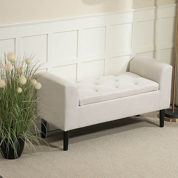 Banquette coffre de rangement design Chesterfield assise capitonnée accoudoirs courbés pieds effilés bois hévéa tissu blanc cassé