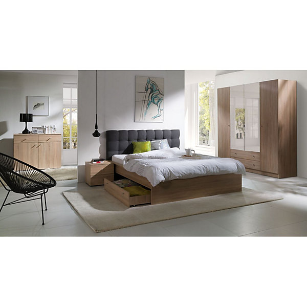Lit 160x200 MAXIM avec tiroir et sommier coloris chene clair et tete de lit grise