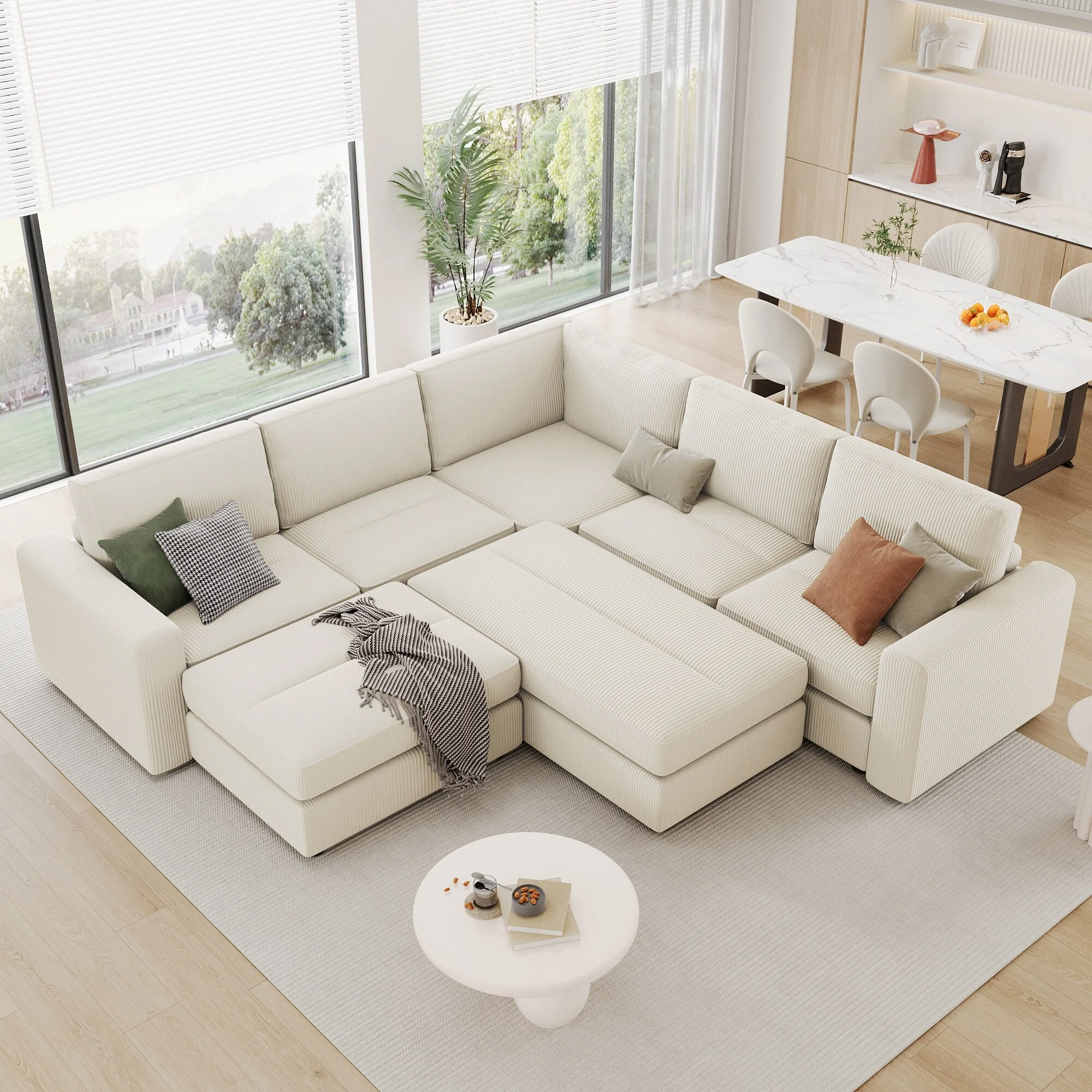 Corduroy Modular Sectional Couch Sofa Bed L-shape Sleeper Couches with 2 Movable Ottomans, Deep Seating Chaise Lounge, Beige