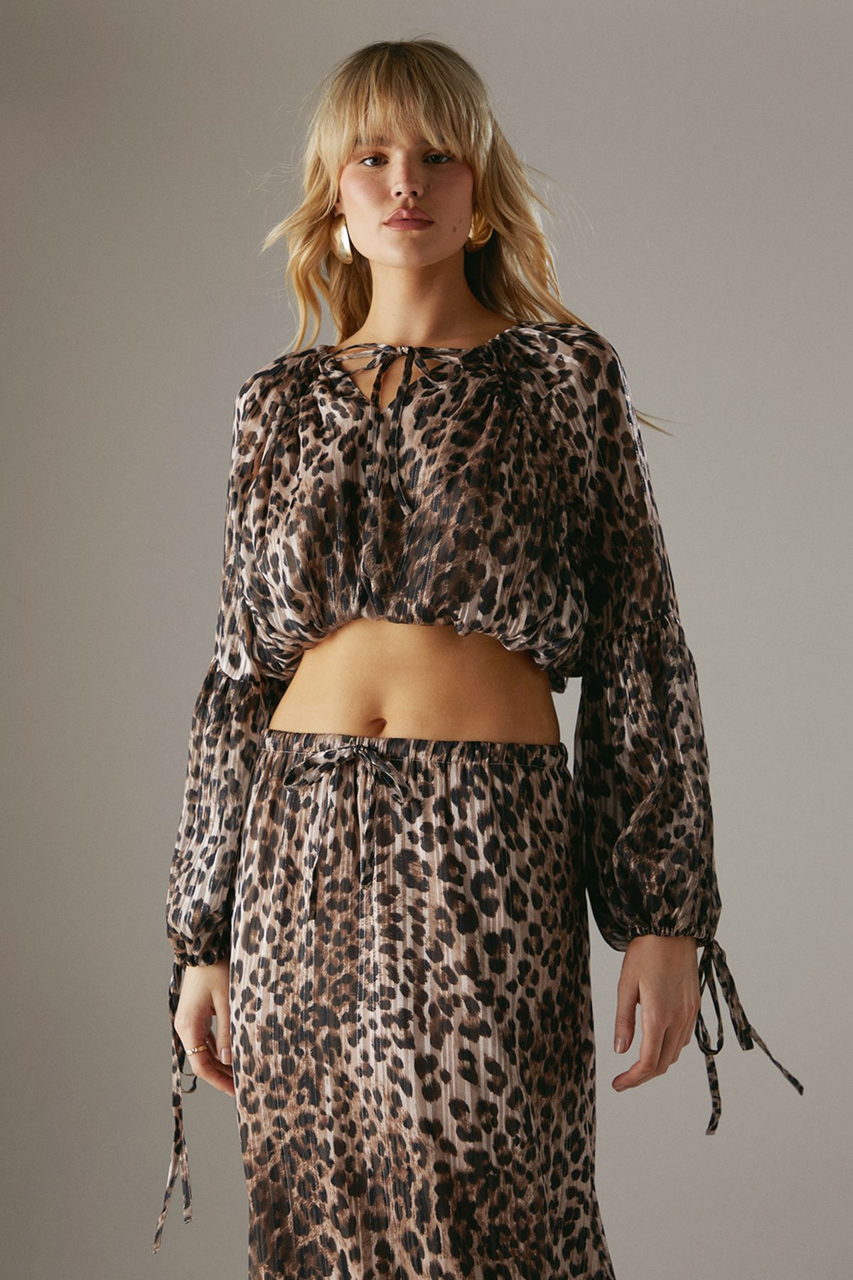 Warehouse Animal Shadow Stripe Cropped Bubble Hem Boho Blouse