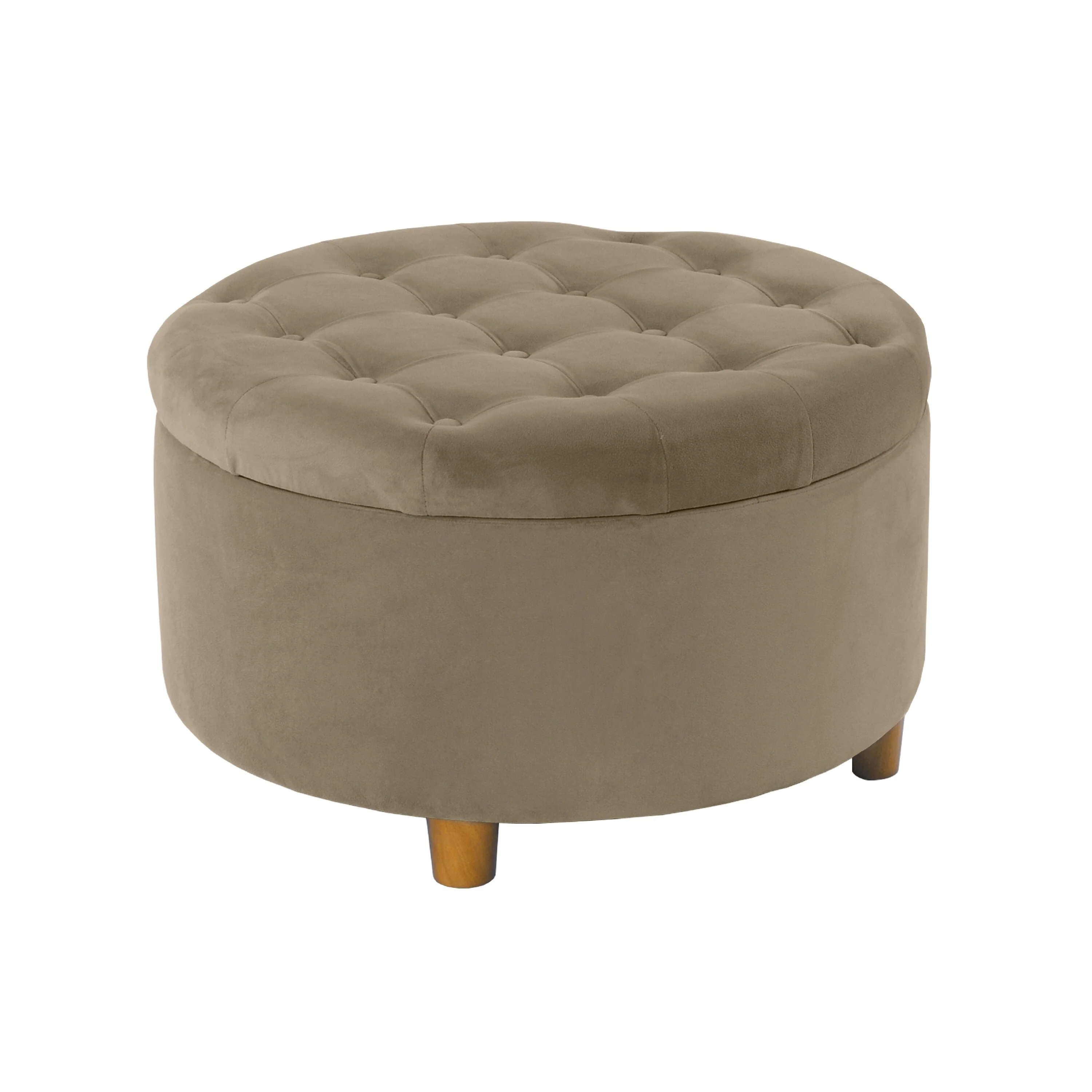 Jo Storage Ottoman, 28 Inch Round Tufted Lift Top, Fawn Brown Velvet