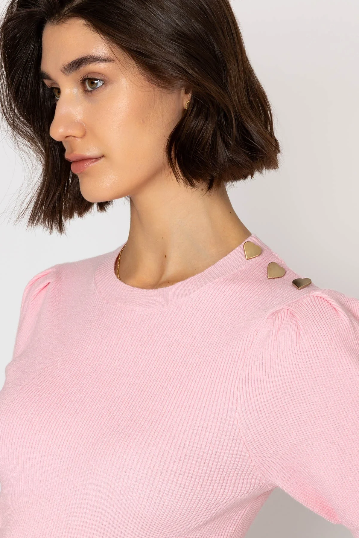 Pink Short Sleeve Knit Top with Heart Buttons