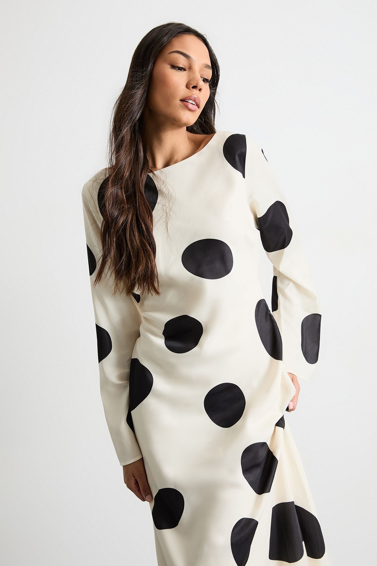 Warehouse Polka Dot Scoop Back Long Sleeve Maxi Dress