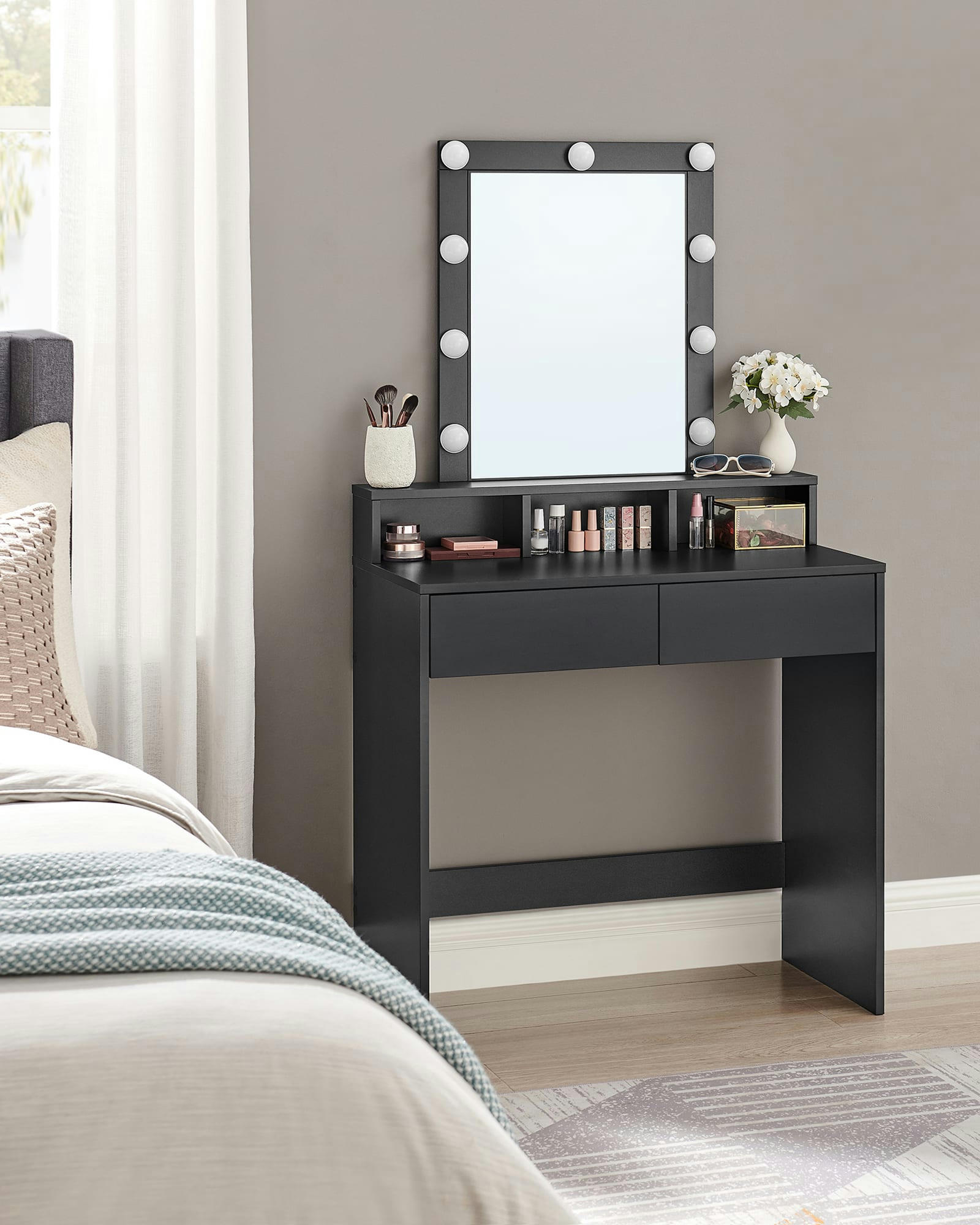 - Coiffeuse miroir 2 tiroirs et 3 compartiments style moderne noir